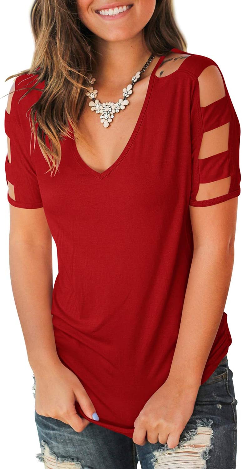 Jescakoo Women's Short Sleeve Cut Out Cold Shoulder Tops Deep V Neck T Shirts - Image 2