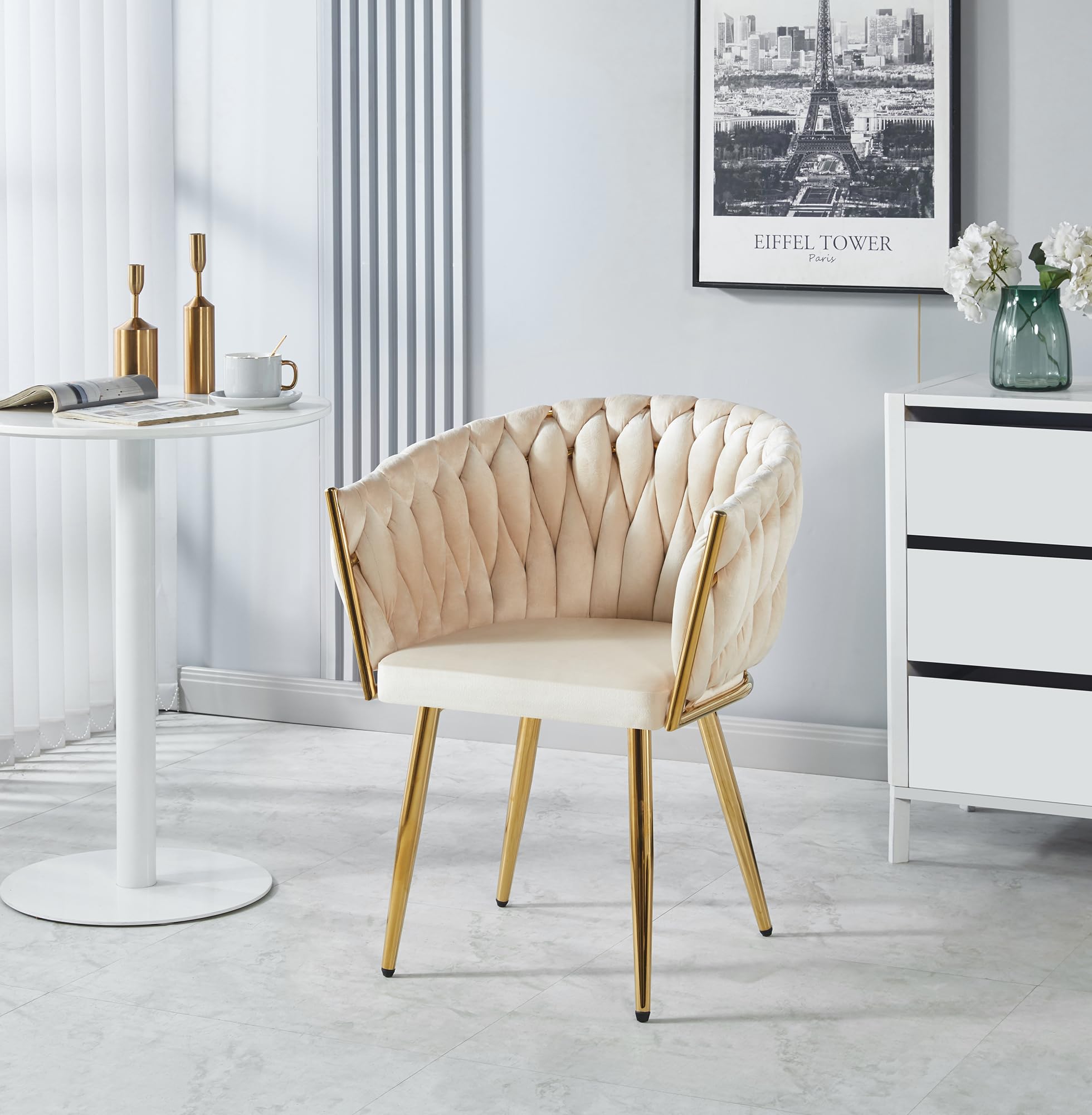 IlGruppone Poltrona con Schienale in Velluto Intrecciato Design Moderno, Sedia Imbottita Circolare con Gambe in Metallo Placcato Oro Poltroncina - Beige