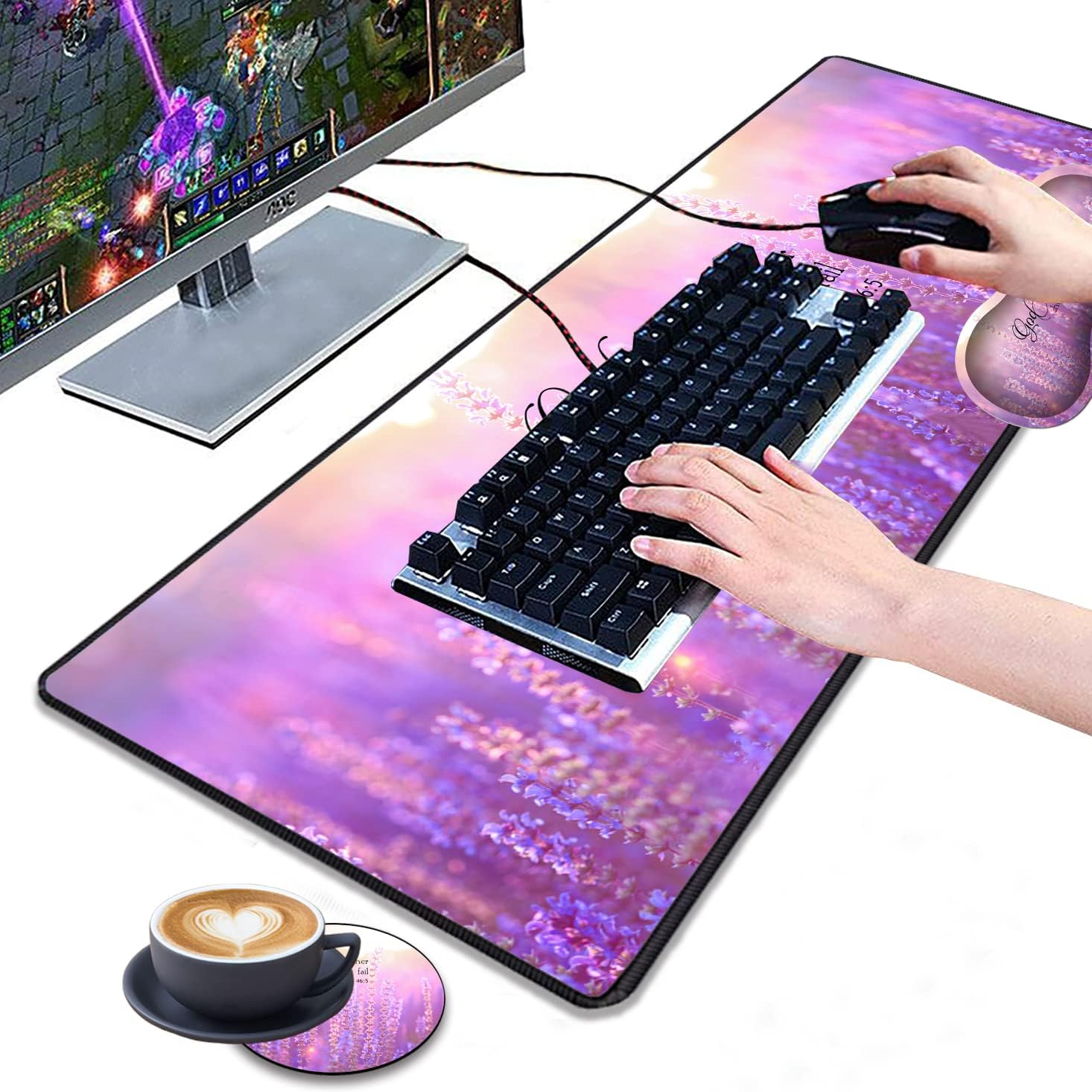 Desk Pad Gaming Mouse Pad + Wrist Rest Support Pad + Coaster, 31.5'' × 11.8'' Durable Non-Slip Extended Computer Mouse Pad, Suitable for Office and Home, Quote Bible Verse Psalm 46:5