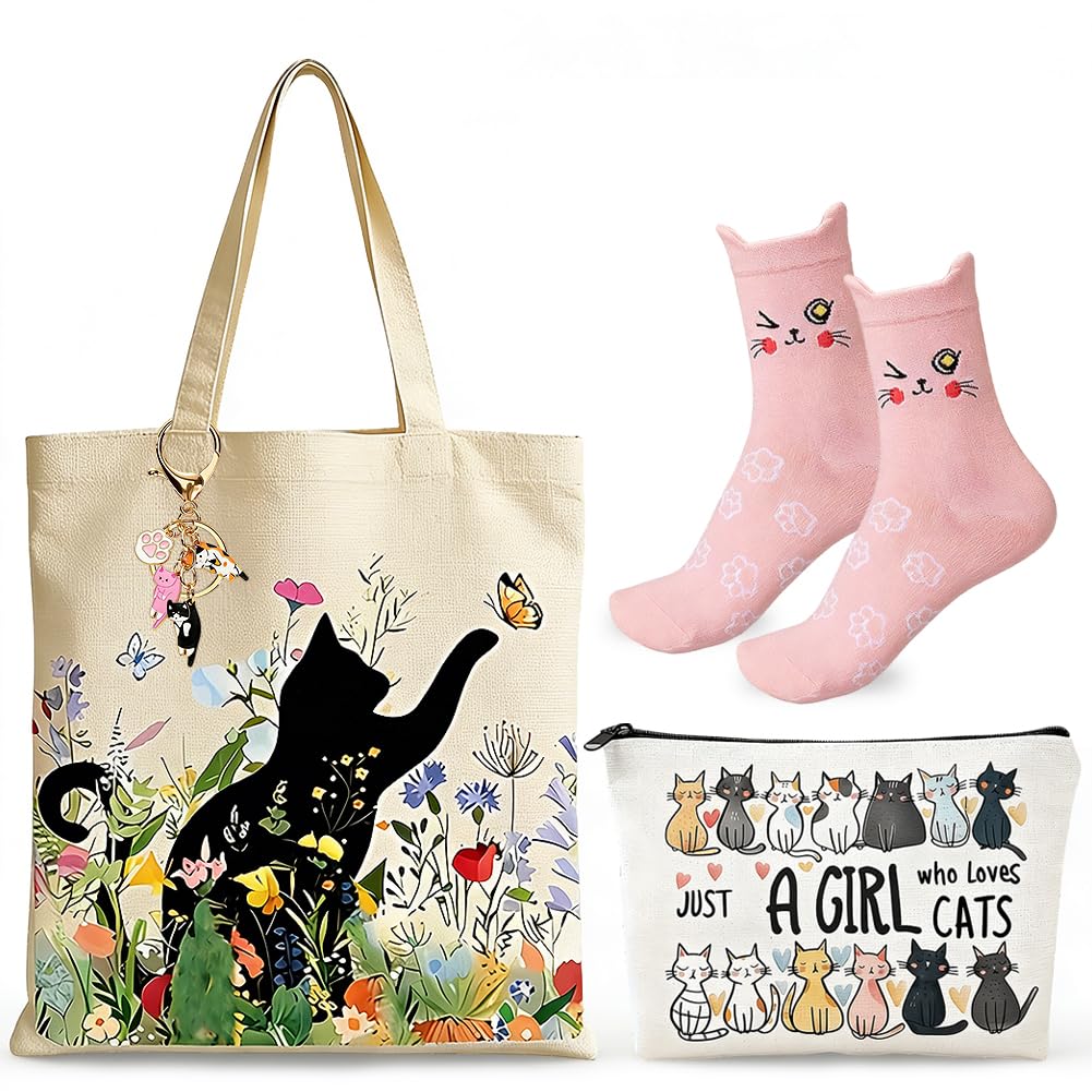 CYGMRFH 4Pcs Cat Gifts for Women Girls, Floral Canvas Tote Bag Makeup Bag Funny with Keyring & Pink Funny Animal Socks & Just a Girl Who Loves Cat Present for Daughter Sister Niece Girlfriends