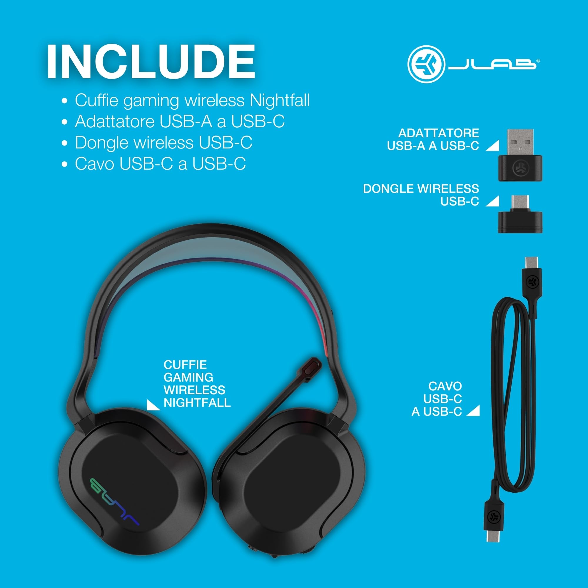 JLab Nightfall Cuffie da gioco wireless Over-Ear - Cuffie gaming con microfono per PC/PlayStation/Nintendo Switch - Driver da 50 mm, cuscinetti in schiuma Cloud e isolamento acustico interno