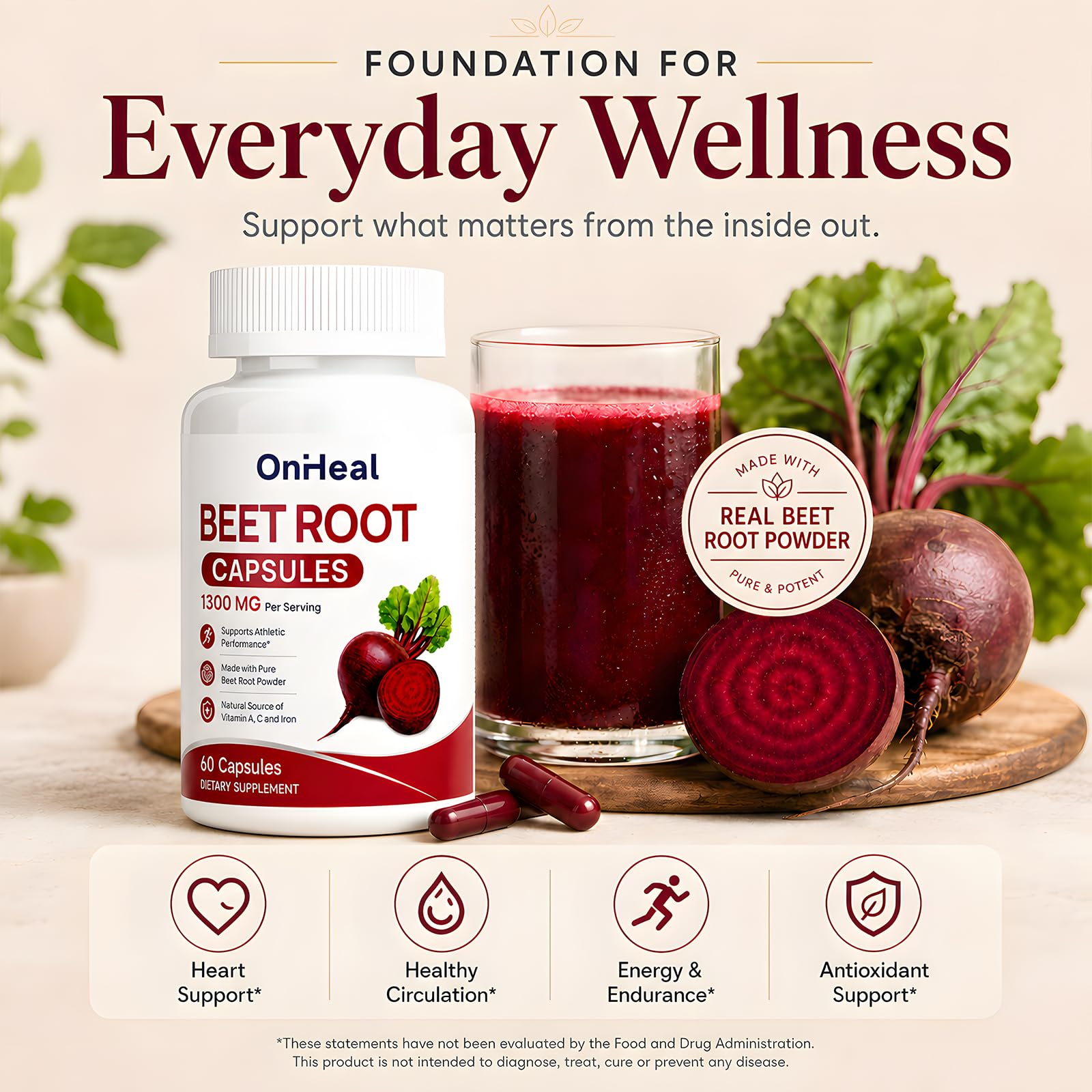 Beet Root Capsules, 1,300 mg of Pure Beet Root Powder per Serving, a Natural Source of Vitamins A, C, and Iron, Helps Promote Blood Circulation and Boost Energy, 60 Capsules — Amazon image 7