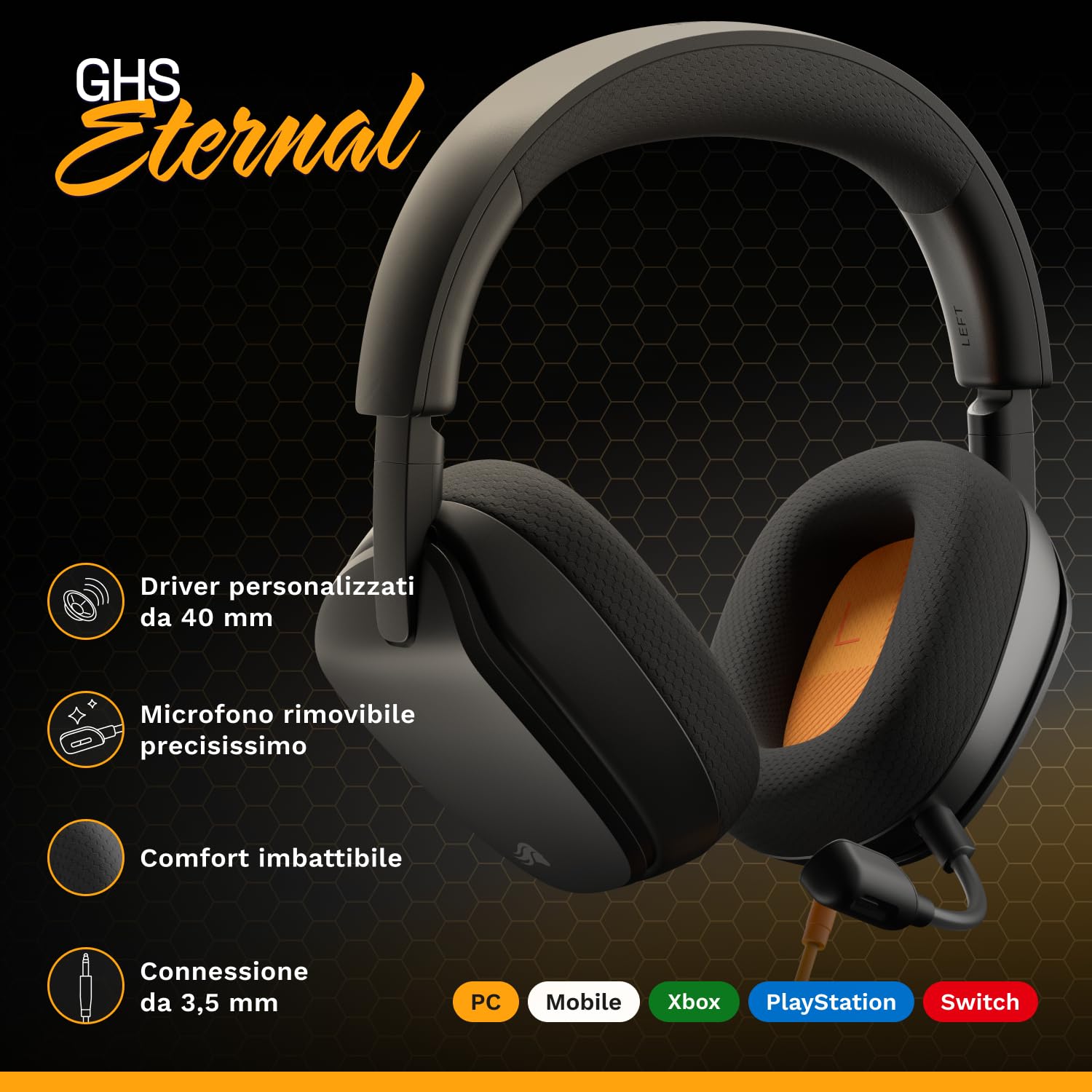 GLORIOUS GHS Eternal - Cuffie stereo gaming per PC, PS5, PS4, Xbox, Switch - Driver angolati personalizzati, microfono rimovibile con audio nitido, 3,5 mm - Resistenti, comfort prolungato - Nere
