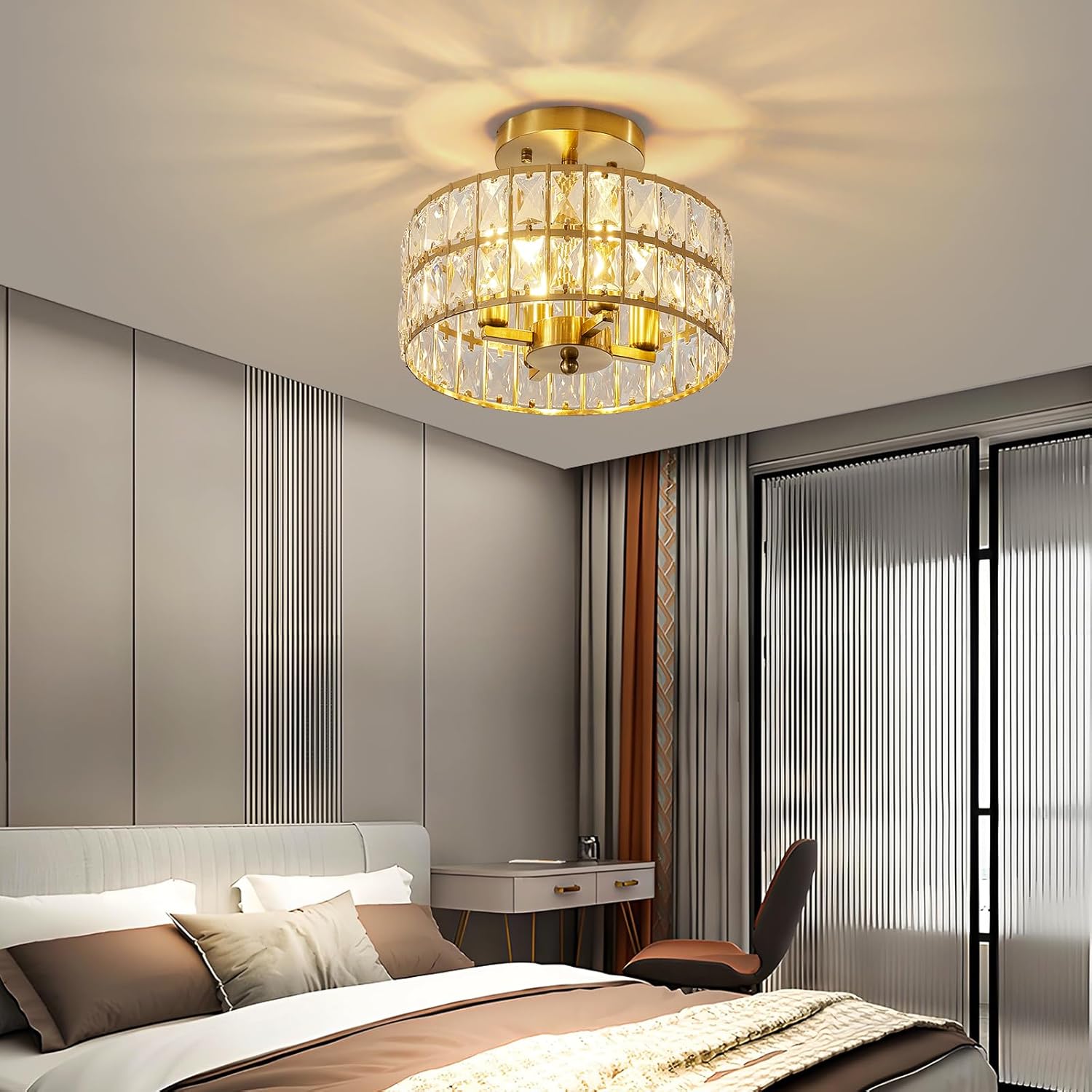 SeeU Modern Crystal Ceiling Light Fixture Brass Semi Flush Mount Ceiling Light Chandelier 4 Heads Crystal Chandelier