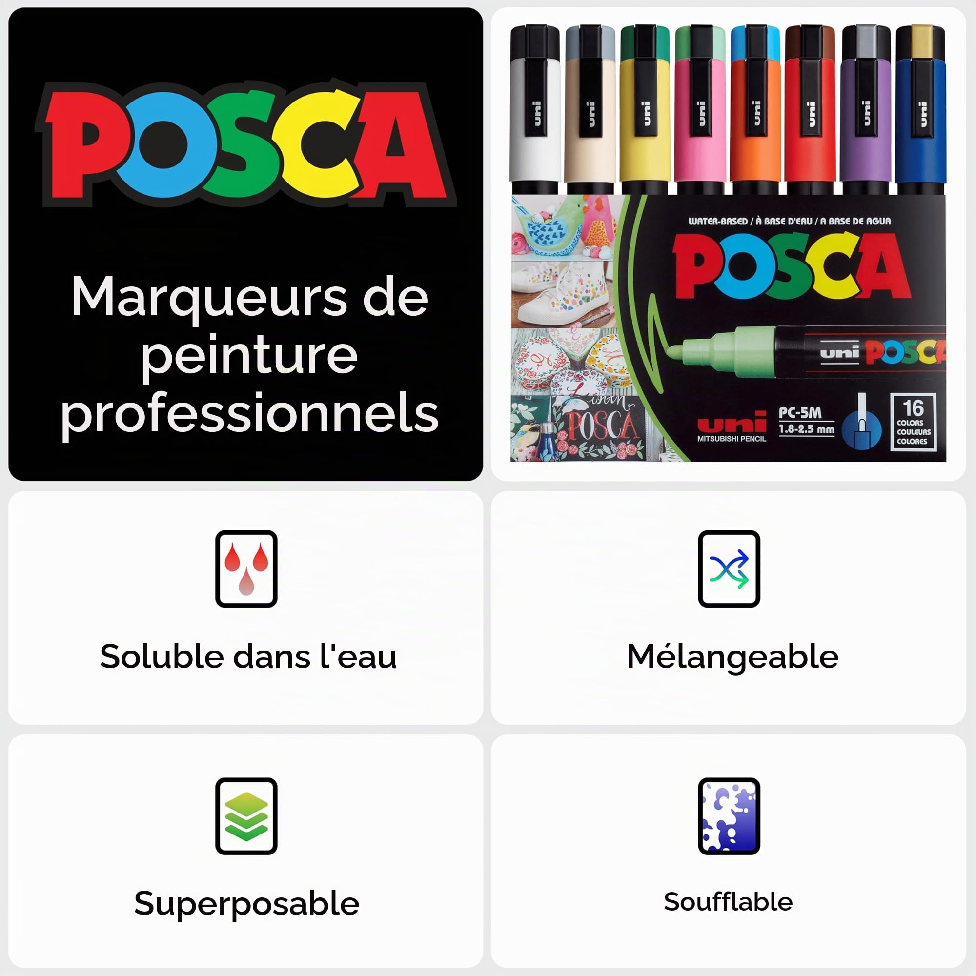 POSCA - Marqueurs acryliques PC-5M, lot de 16, 1,8-2,5 mm, pointe ronde
