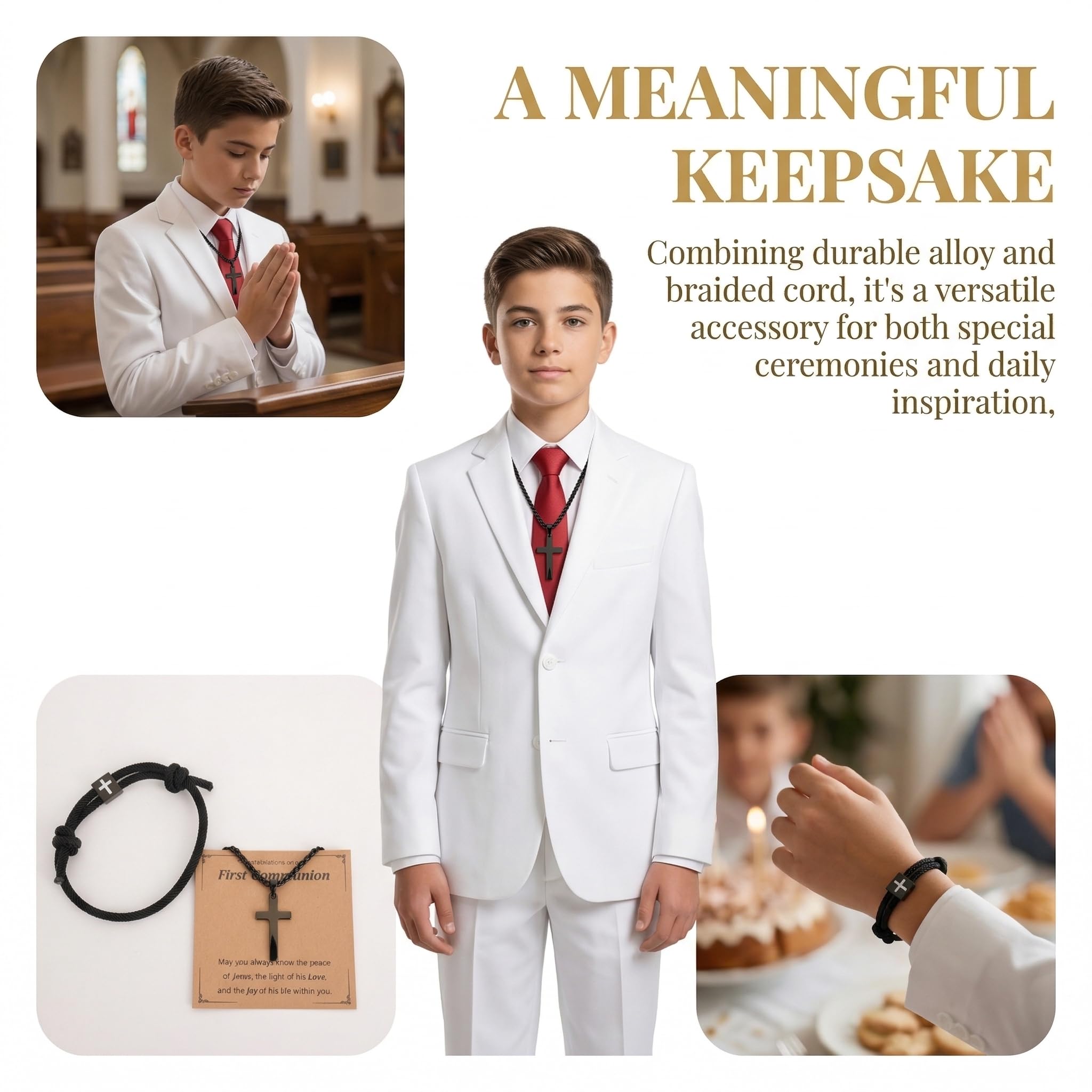First Communion Gifts for Boys, Cross Necklace and Bracelet Baptism Gift, Black 1st Confirmation Gifts for Boys Girls for Easter Gift Confirmation Decorations - 4