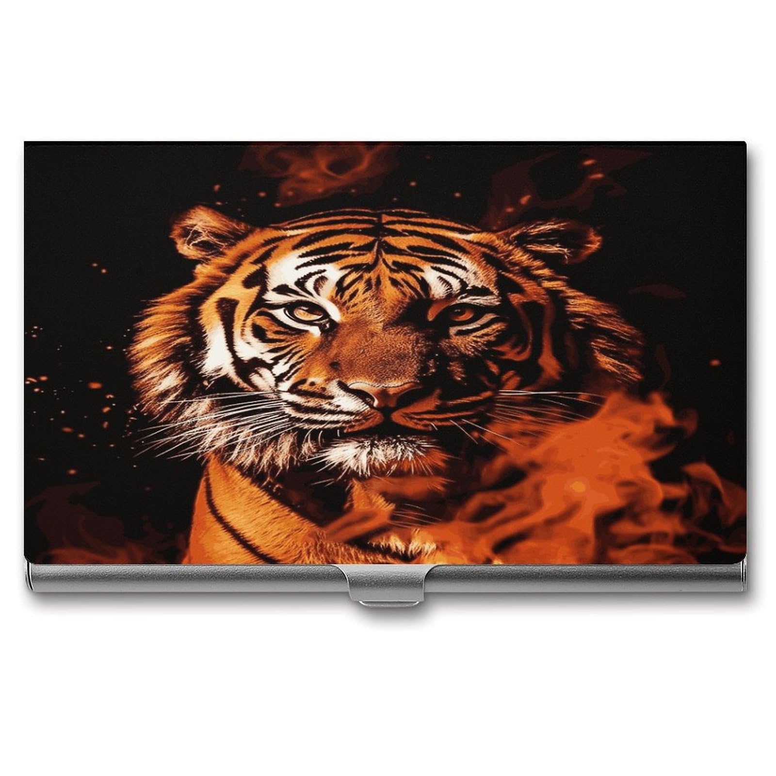 JTREHY Tiger in Fire Business Card Holder Slim Purse Name Card Holder Portable Metal Business Card Case Wallet Large Capacity Lightweight Business Card Case for Men Women