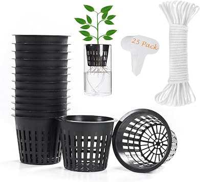 ORIMERC 25 Pack Net Pots 3 inch Hydroponic Pots Come with 25 ft Self Watering Wick & 25 Pcs Plant Label Aquaponics Mason Jar Insert Orchid Netted Basket Slotted Mesh Garden kratky Growing Vegetable