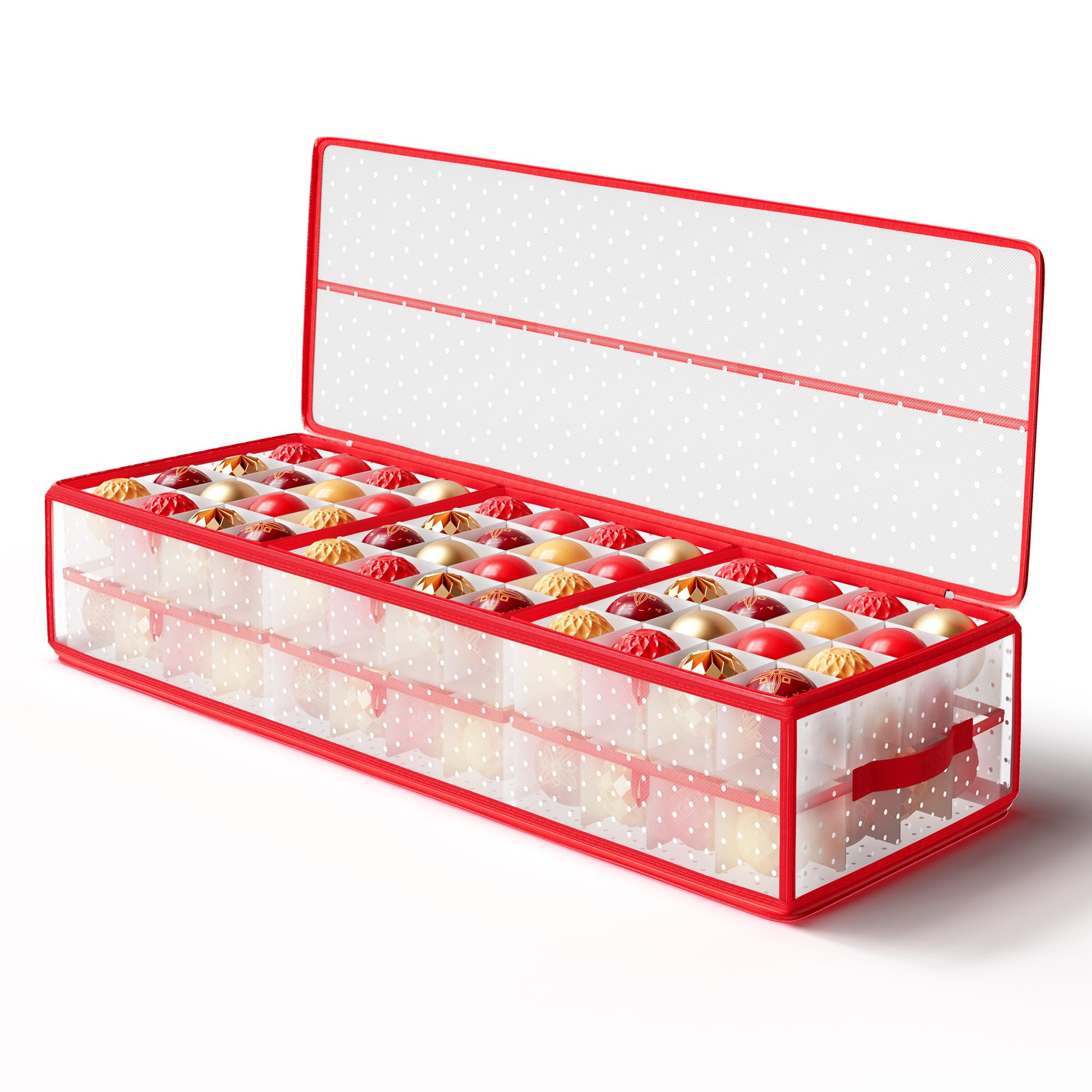 SONGMICS Caja Almacenaje para Bolas de Navidad, 96 Ranuras de 7,6 cm, 96,5 x 33,5 x 17,5 cm, Caja Almacenaje con Separadores, Cremalleras, Asas Laterales, Debajo de Cama, Rojo Cereza RFB031T02