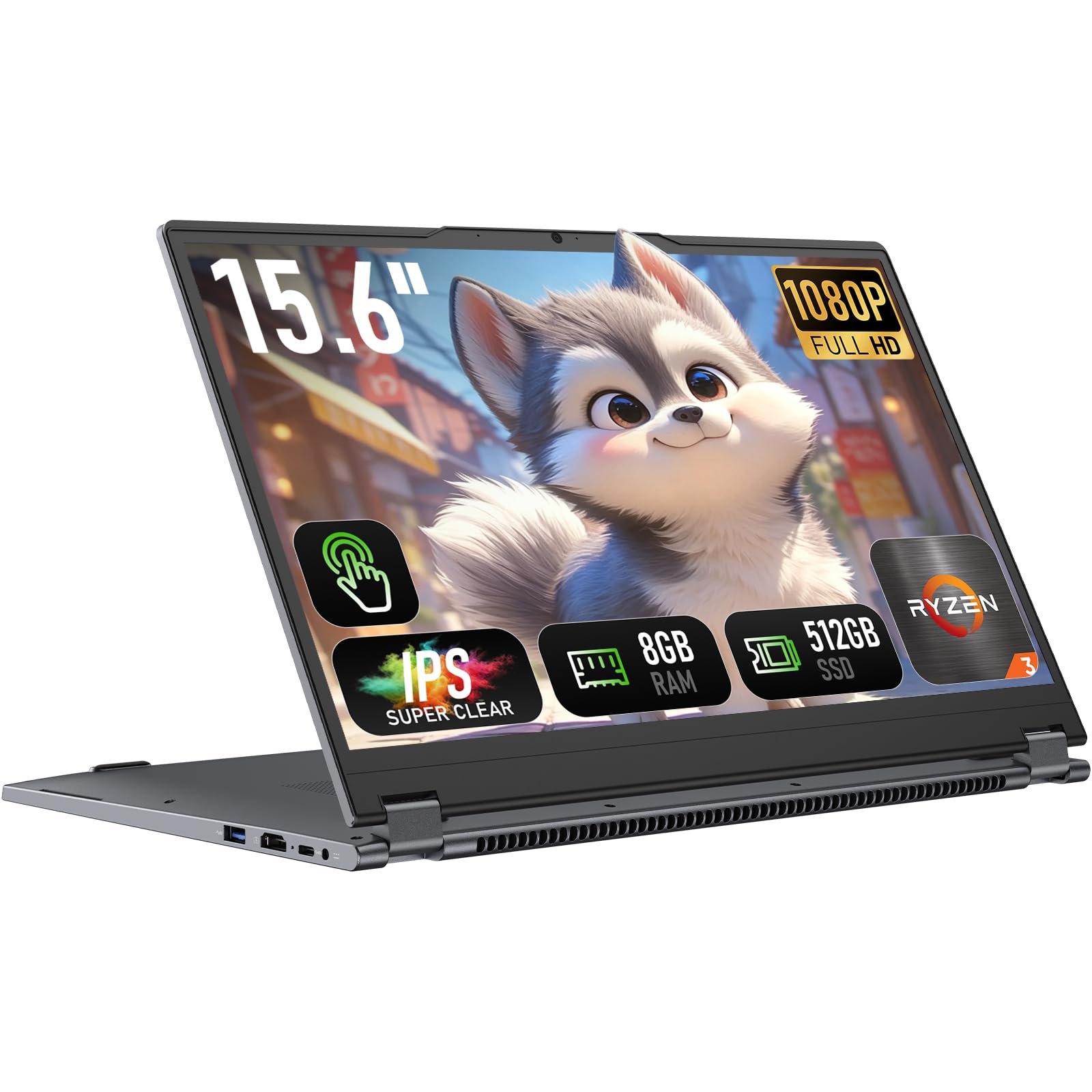 Laptop 2-in-1 processore R3-3200U (fino a 3,5 GHz), display da gioco da 15,6 pollici, 8 GB RAM, SSD 512 GB, display IPS FHD ruotabile a 360°, porta Type-C, RJ45, tastiera retroilluminata, Wi-Fi, HDMI
