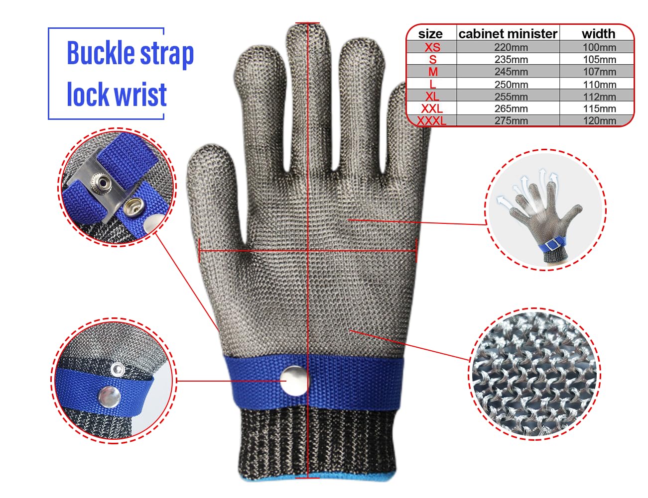 Litex Level 9 Stainless Steel Mesh Metal Glove,2PCS Food Grade Cut-proof Safety Work Glove,Adjustable Wrist Knife Cutting Mitten (Small 2PCS)