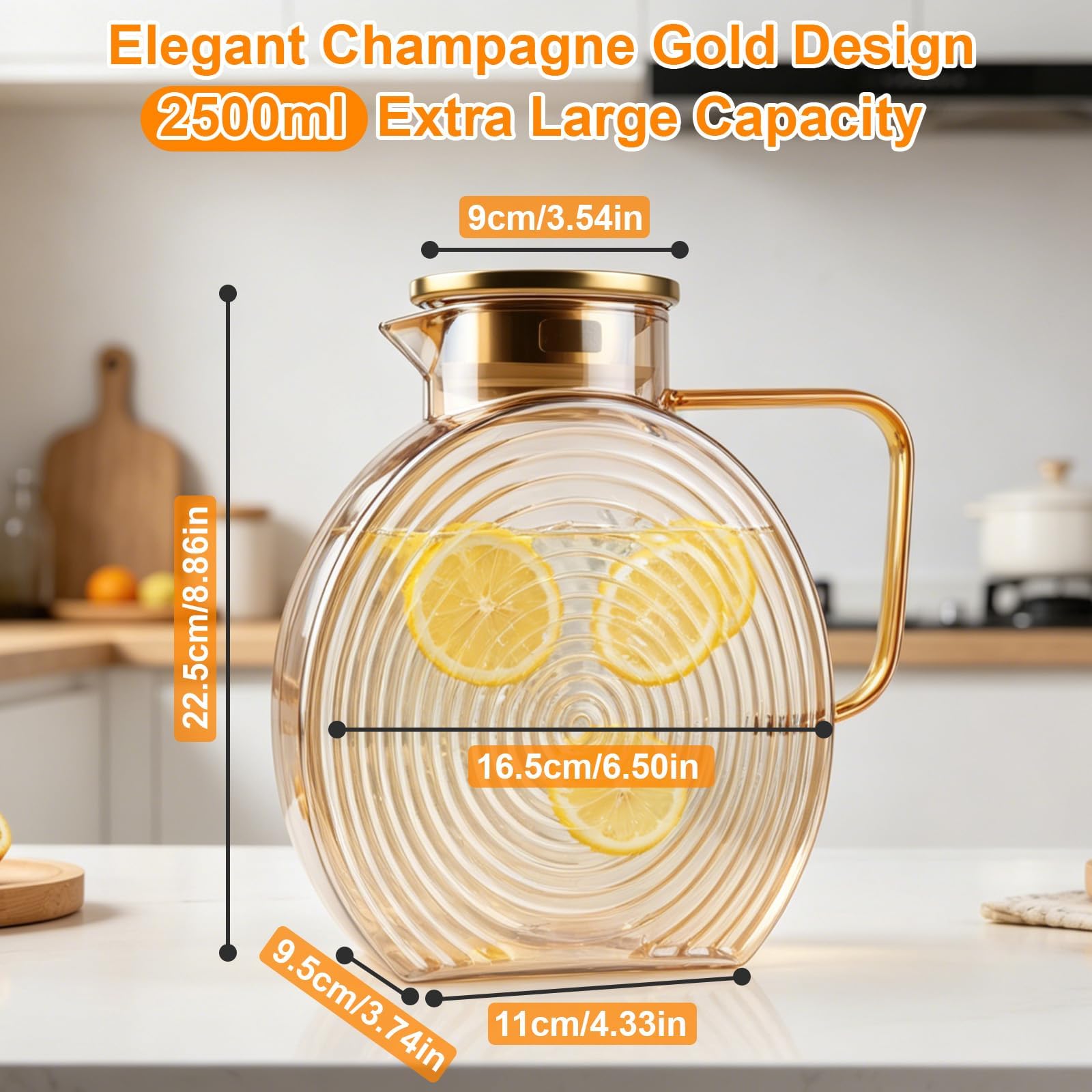 2,5 L Wasserkaraffe Borosilikatglas mit Edelstahldeckel Champagner | Glaskaraffe aus Borosilikatglas, Für Heiß- und Kaltgetränke, ideal für Eistee und passend in die Kühlschranktür