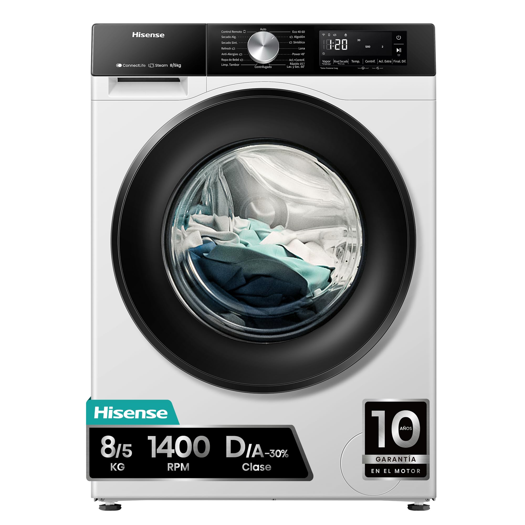 Hisense WD3S8043BW1 - Lavadora Secadora 8 Kg Lavado, 5 Kg Secado, Clase A-30%/D, 1400 RPM, función Vapor, Conectividad WiFi, Fondo 51cm, Color Blanco