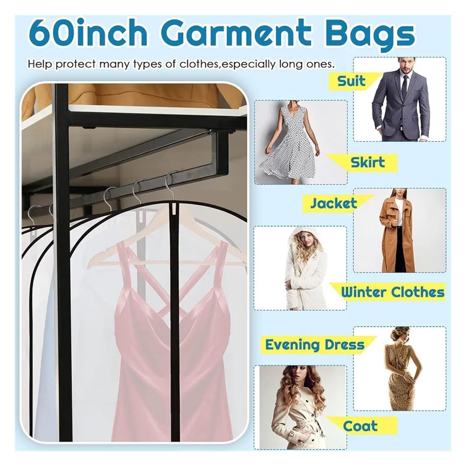 fundas para ropa Clothes Hanging Dust Cover Suit Coat Wedding Dress Storage Wardrobe Clothing Organizers With Zipper(60X100CM,5PCS)