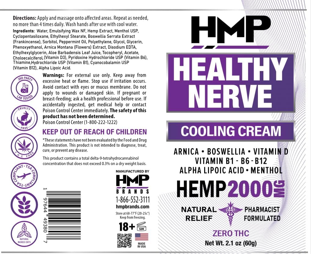 Neuropathy Cream Nerve Hemp Cream 2000mg Maximum Strength for Feet, Hands, Legs, Toes, Back. Natural Arnica, Vitamin D3 B1 B6 B12 w Menthol, Made in USA 2.1oz
