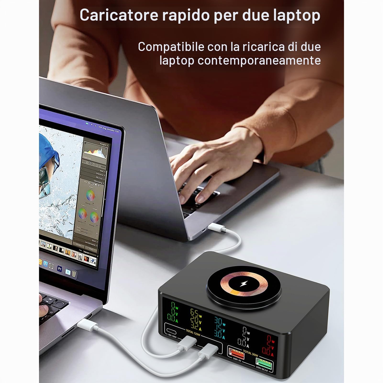 Docooler Power Fast Charging Hub 140 W Stazione di ricarica USB Multiporta Desktop Multiport Ricarica USB 15 W Magnetico Wireless Display in tempo reale per cellulare Laptop