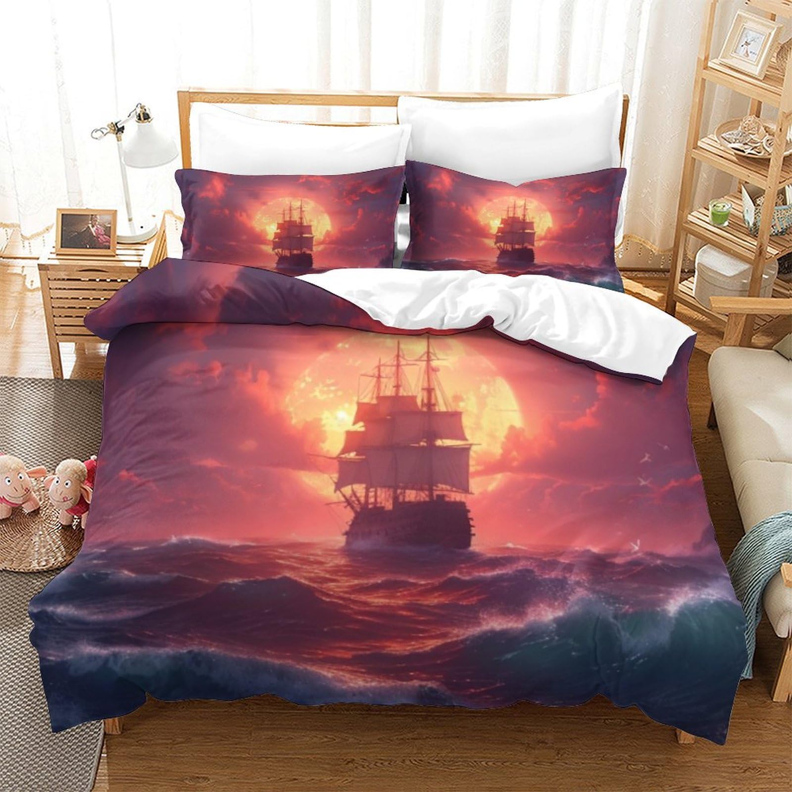 Housse de couette microfibre 260x220cm anti-plis et ultra douce motif océan