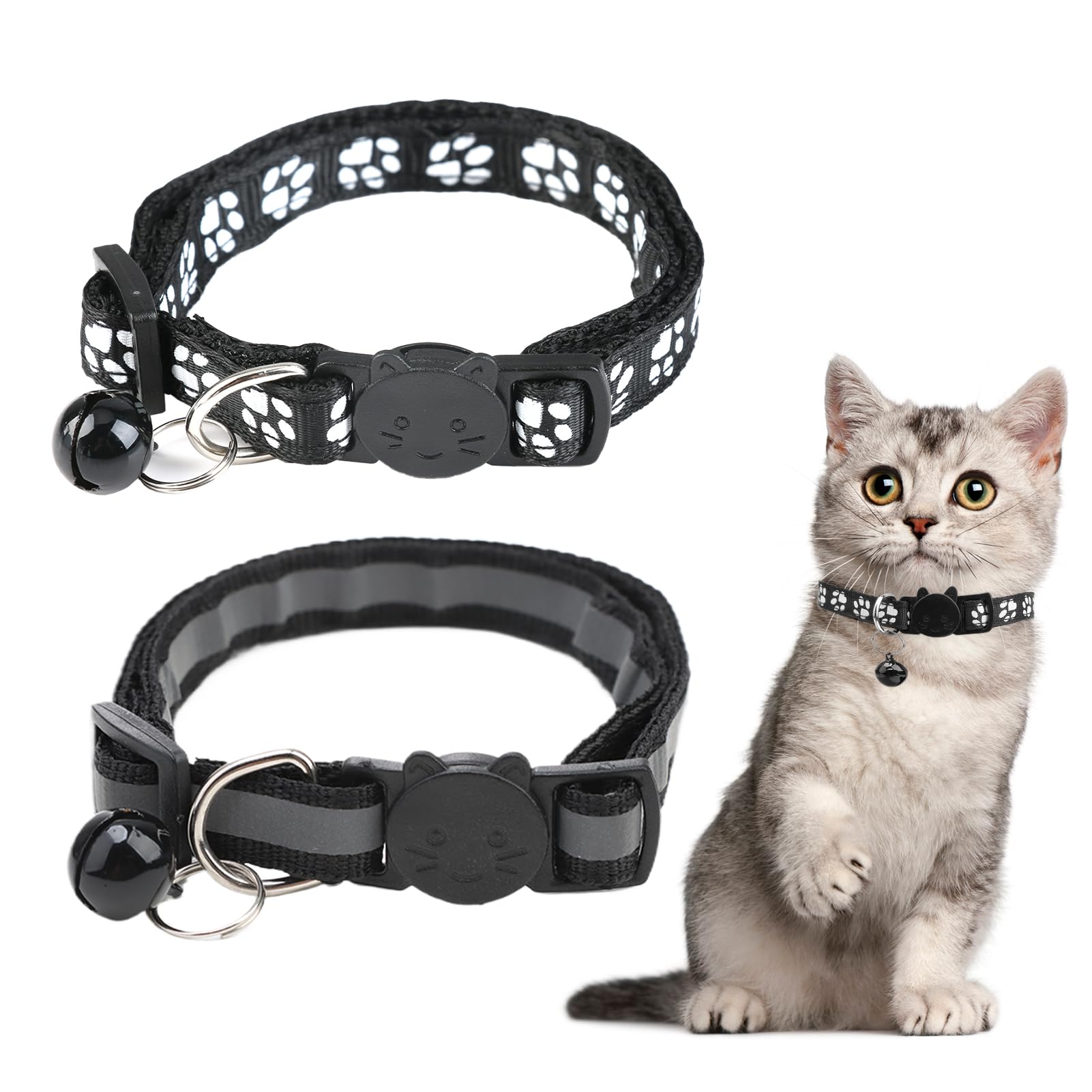 2 Piezas Collar Gato 19-32 Cm Negro Antiahogo Ajustable Collares para Gatos con Campana y Cierre de Seguridad, Personalizado Quick Release Reflective Kitten Collar para Gatos e Cachorros