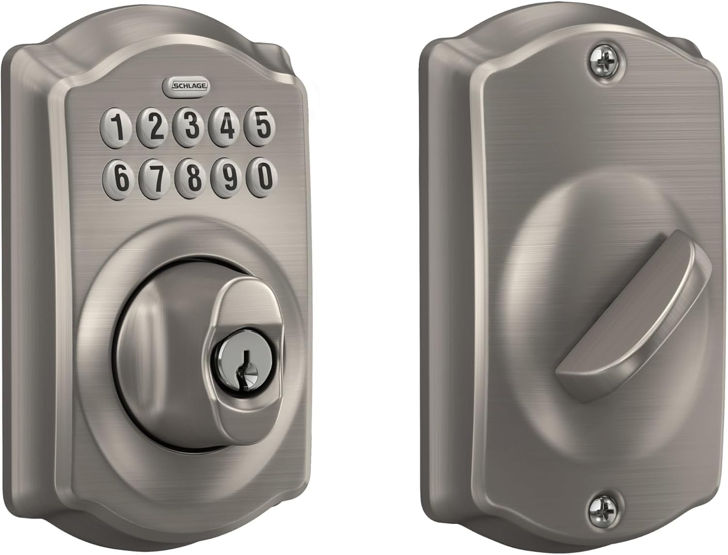 Electronic Keypad Deadbolt Lock, Camelot Trim, Satin Nickel | Keyless entry door lock, Push button keypad deadbolt, Key backup included, Certified security, Easy install, BE365