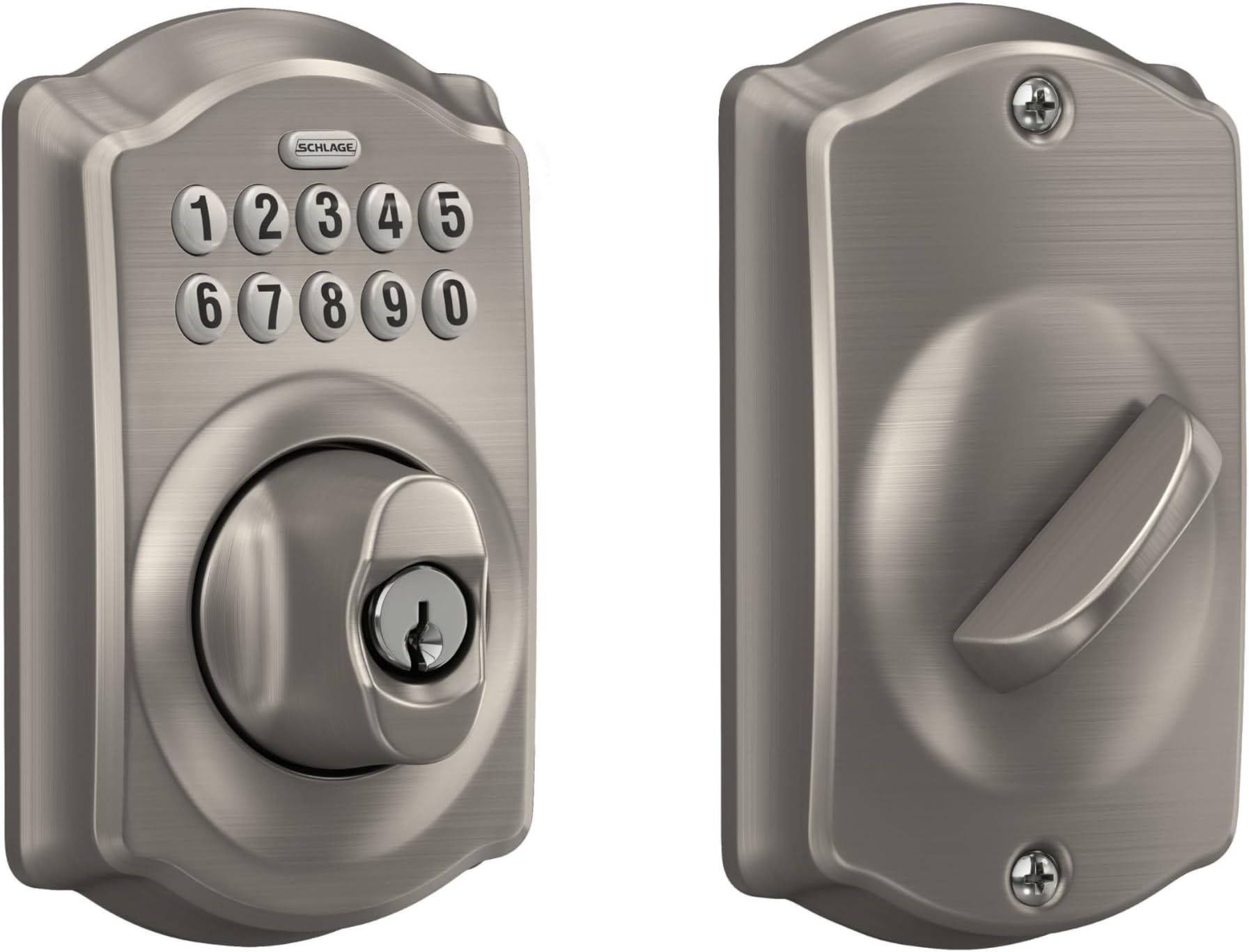 Camelot Electronic Keypad Deadbolt Lock, Keyless Front Door Entry, Mechanical Key Backup Included, Satin Nickel, BE365 V CAM 619