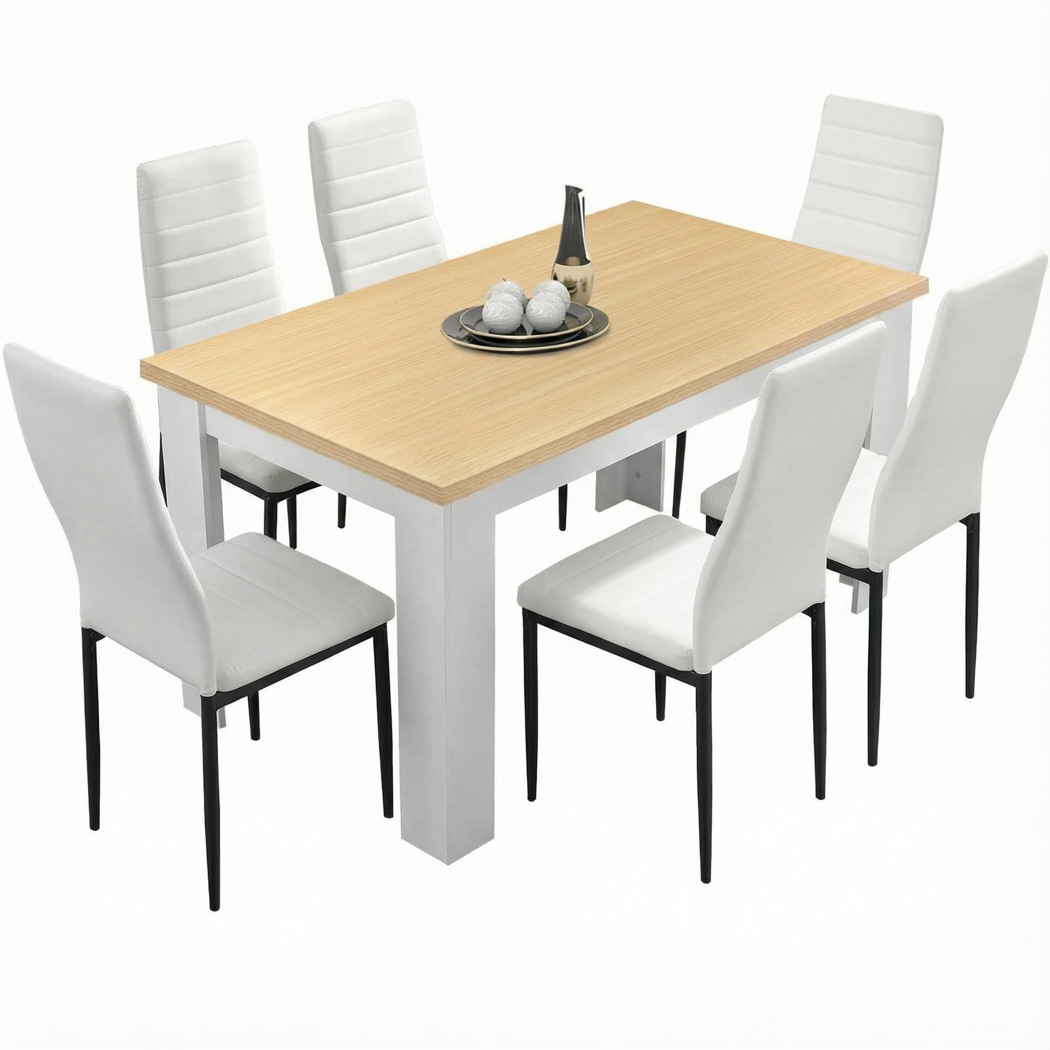 Dining Table Set, High Back Dining Room Chairs & 18mm Thick Table Top 140 x 80cm Wooden Dining Table, 6 Seater Dining Table and Chair Set for Home Kitchen Dining Room Furniture