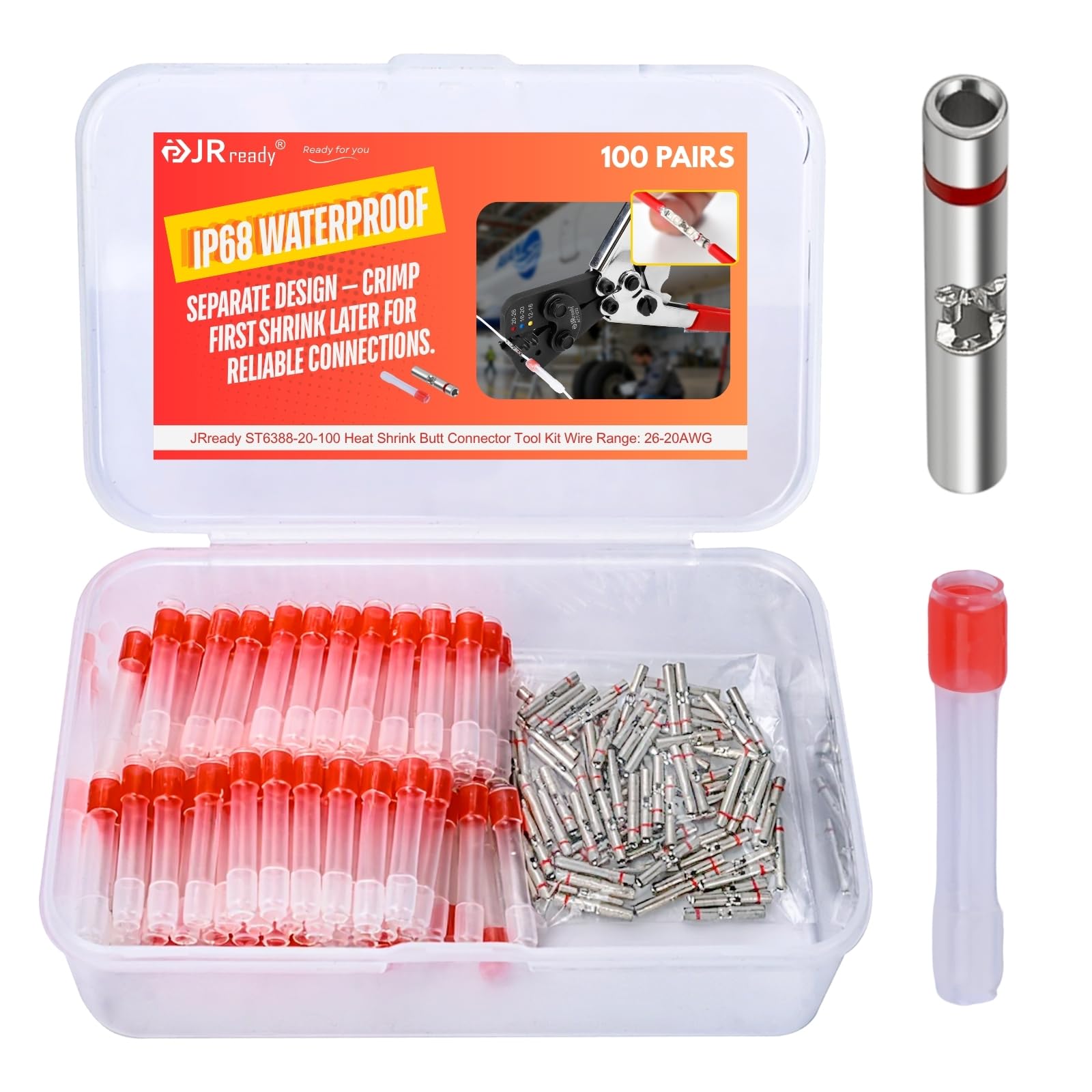 JRready 100Pairs Wire Connector Crimp IP68 Waterproof Red Heat Shrink Butt Connectors MiniSeal 26-20AWG Terminal Copper Butt Splice M81824/1-1 Insulated 3:1 PE Tube Sleeve ST6388-20-100