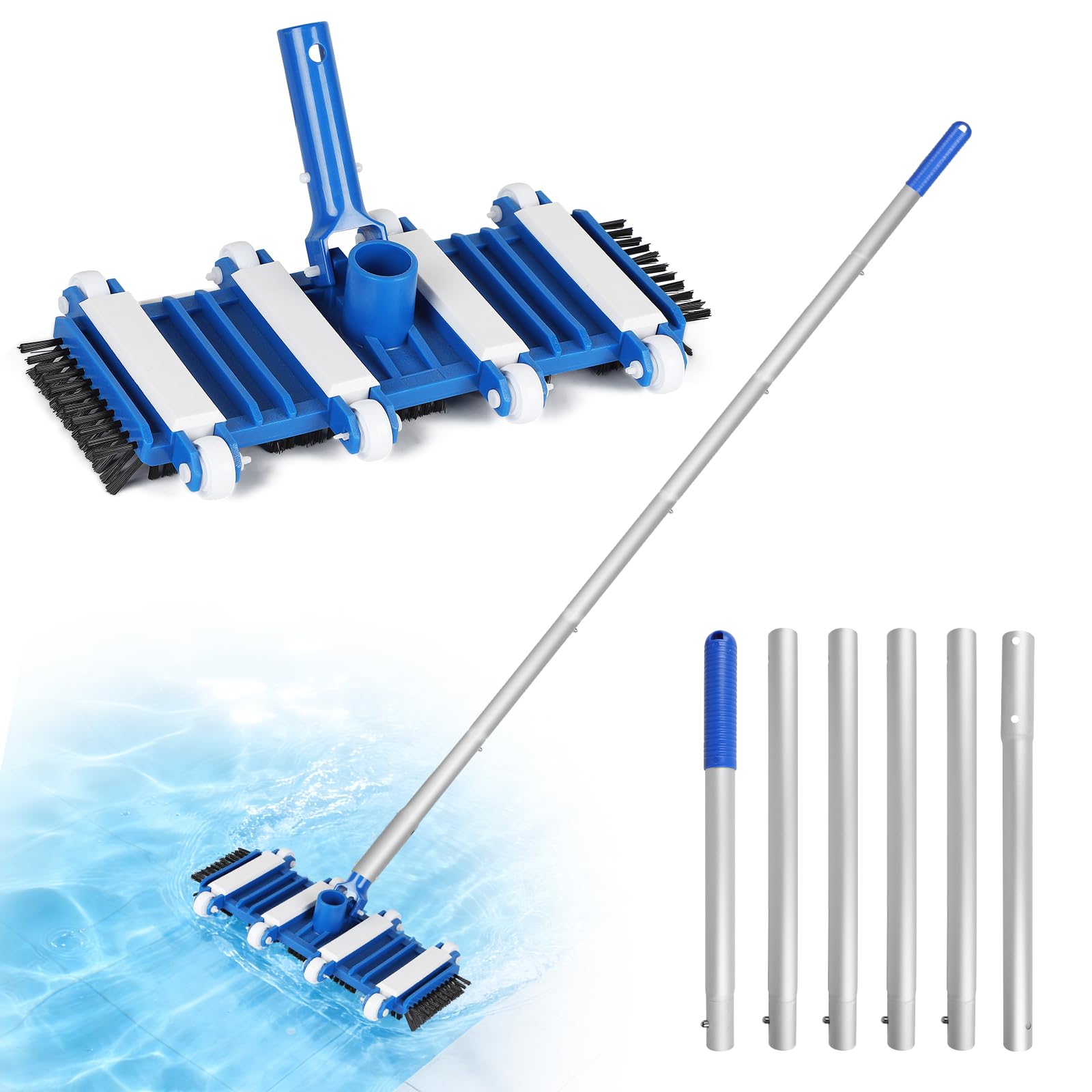 EFUTURETIME Limpiafondos Aspirador Manual de Piscina con Cepillos Laterales y Rodillos, con Desmontable Pértiga Telescópica de 2 m