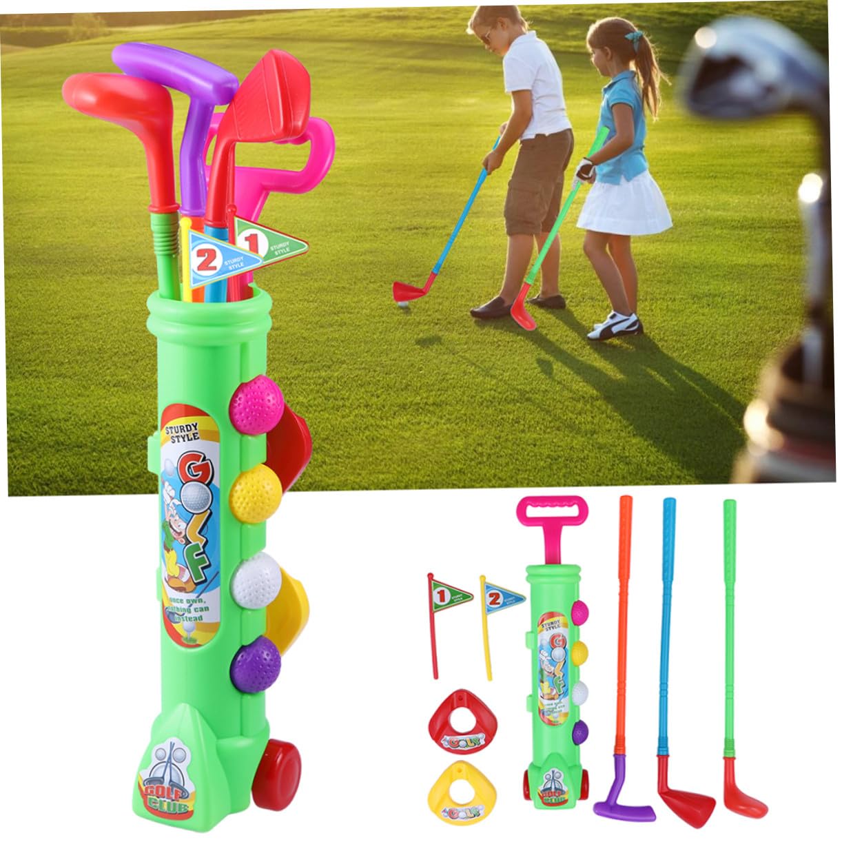 Juego de Golf Infantil 2 Sets Portátiles de Plástico Verde | Actividad Padre-hijo, Uso en Interior, Ligero, para Niños y Niñas, Color Verde