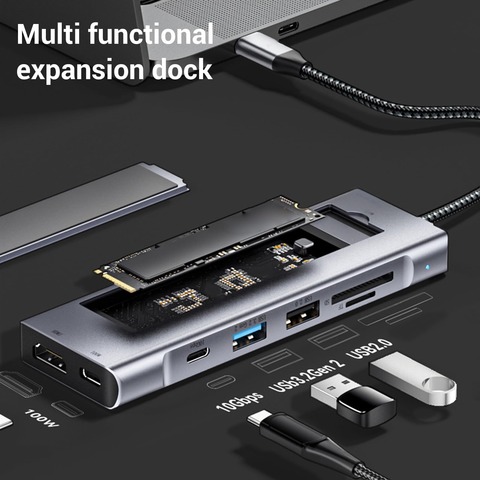 Adattatore Multiporta Hub TIPO C, Uscita Video 4K, Hub USB C per Laptop 8 in 1 per Lega di Alluminio Multifunzionale
