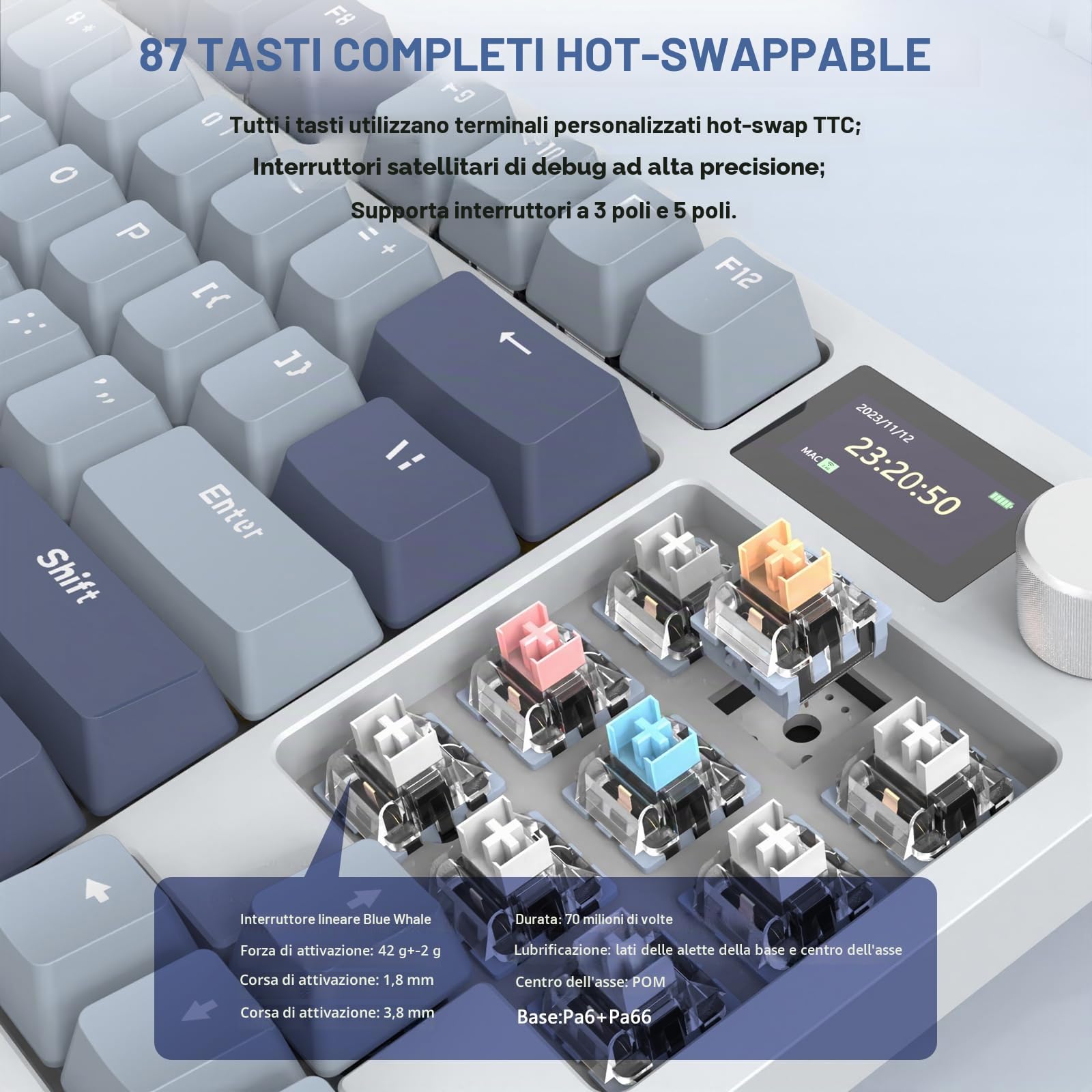 ATTACK SHARK K86 Tastiera Meccanica Wireless, Tastiera da Gioco 2.4G/BT5.0/USB-C Cablata, 75% Layout TKL 87 Tasti QWERTY, Display a Colori TFT HD da 1,2'' e CNC Knob, Hot-swap RGB Backlit - Blu