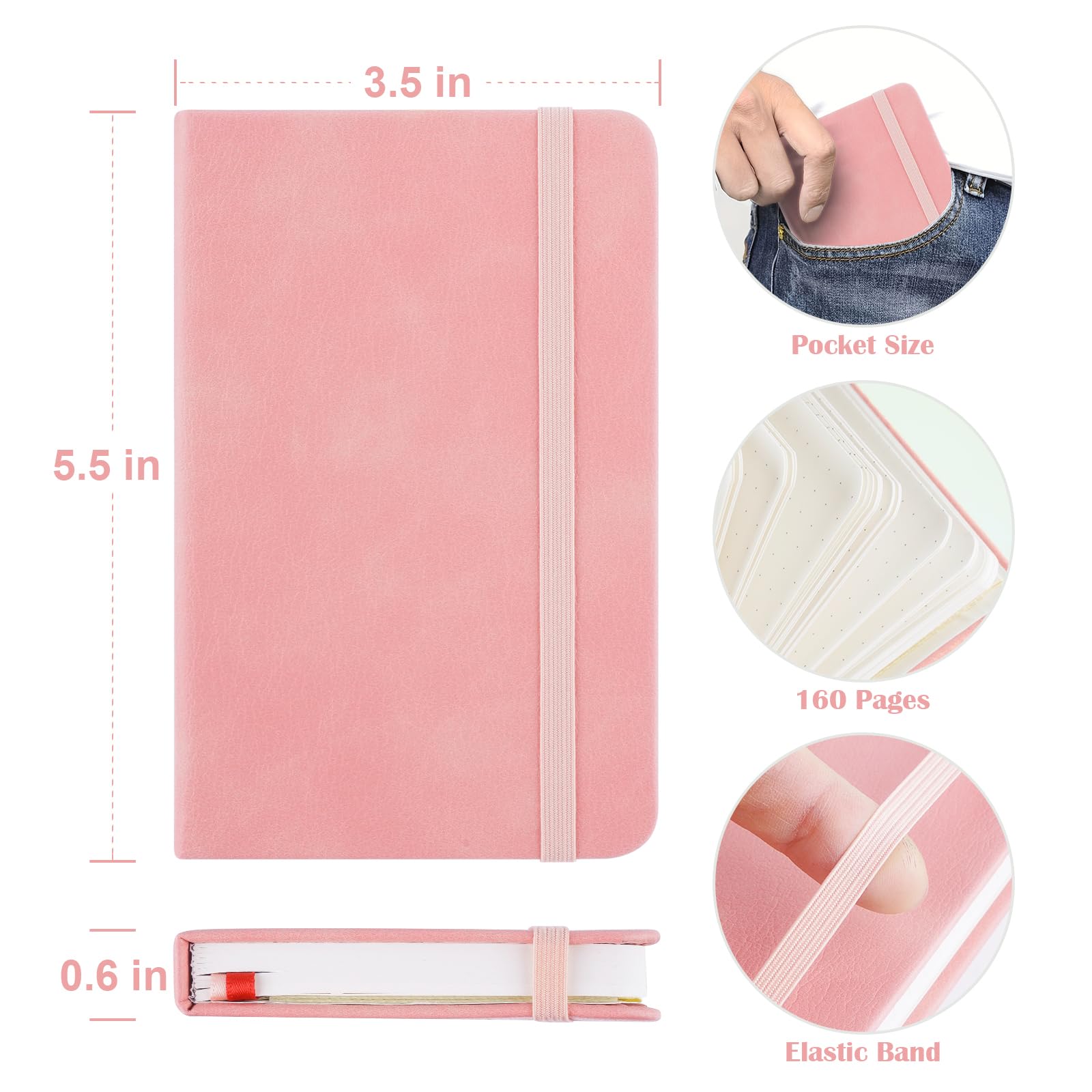 MicroSpark Pocket Dotted Notizbuch, 2er-Pack Punktraster Notizbuch, gepunktetes Tagebuch mit Aufklebern, 8,9 x 14 cm, Hardcover, kleines Mini-A6-Format, 160 Seiten, 100 g/m² dickes Papier, Blush Pink