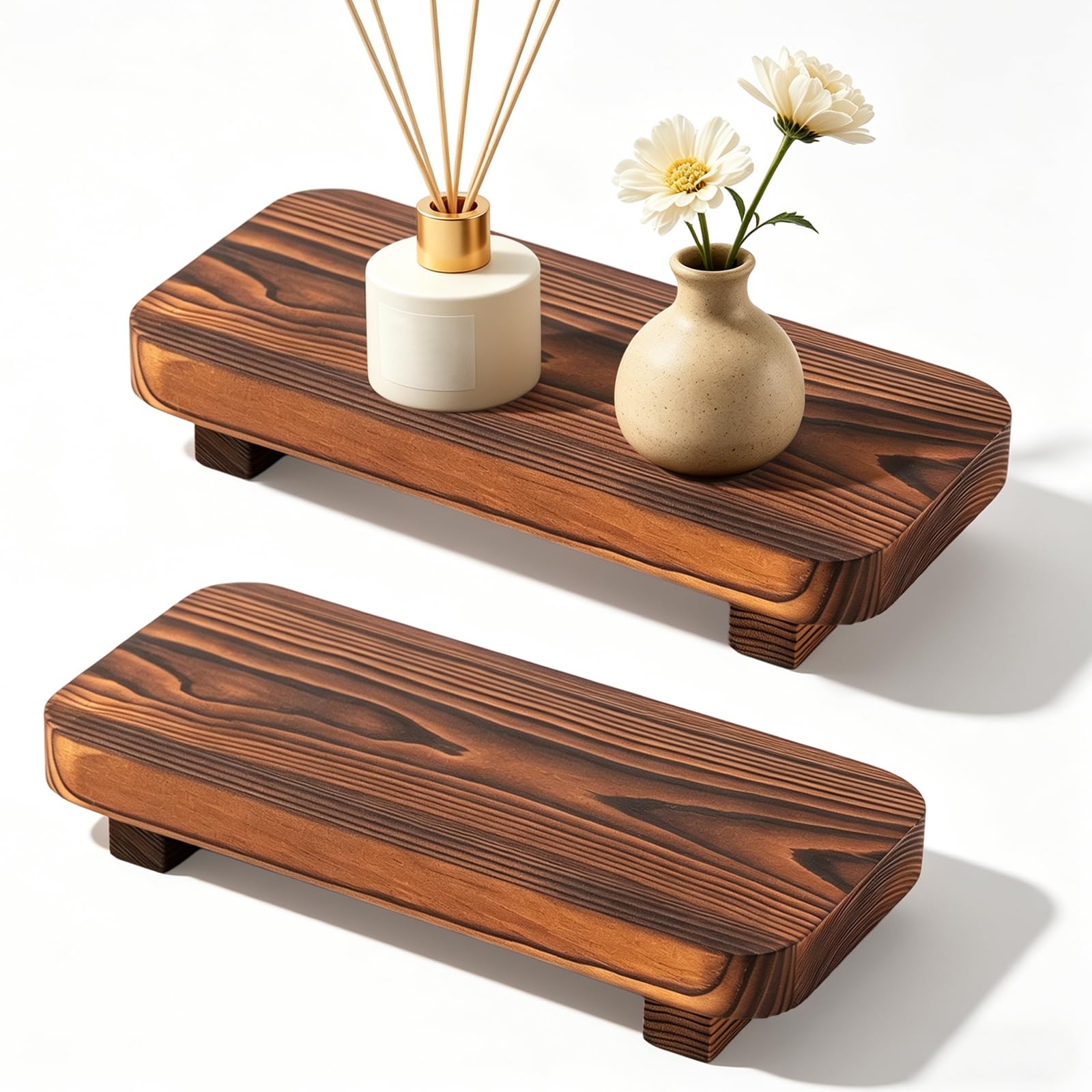 YMTWSRY 2 PCS Wood Riser Tray, Wooden Display Stand Small Trays Decorative Kitchen Decor for Spice Bottles Candles Jewelry Soap