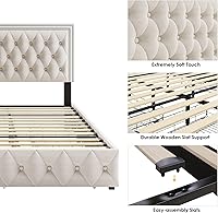 Vista 7 de Keyluv - Base de cama tapizada completa con LED, con 4 cajones, cama de plataforma de terciopelo con cabecera ajustable tapizada con botones y Beige