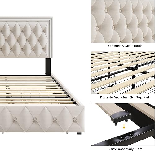 Miniatura 7 de Keyluv King Upholstered LED Bed Frame with 4 Drawers, Velvet Platform Storage Bed with Adjustable Button Tufted Headboard and Solid Wooden Slats