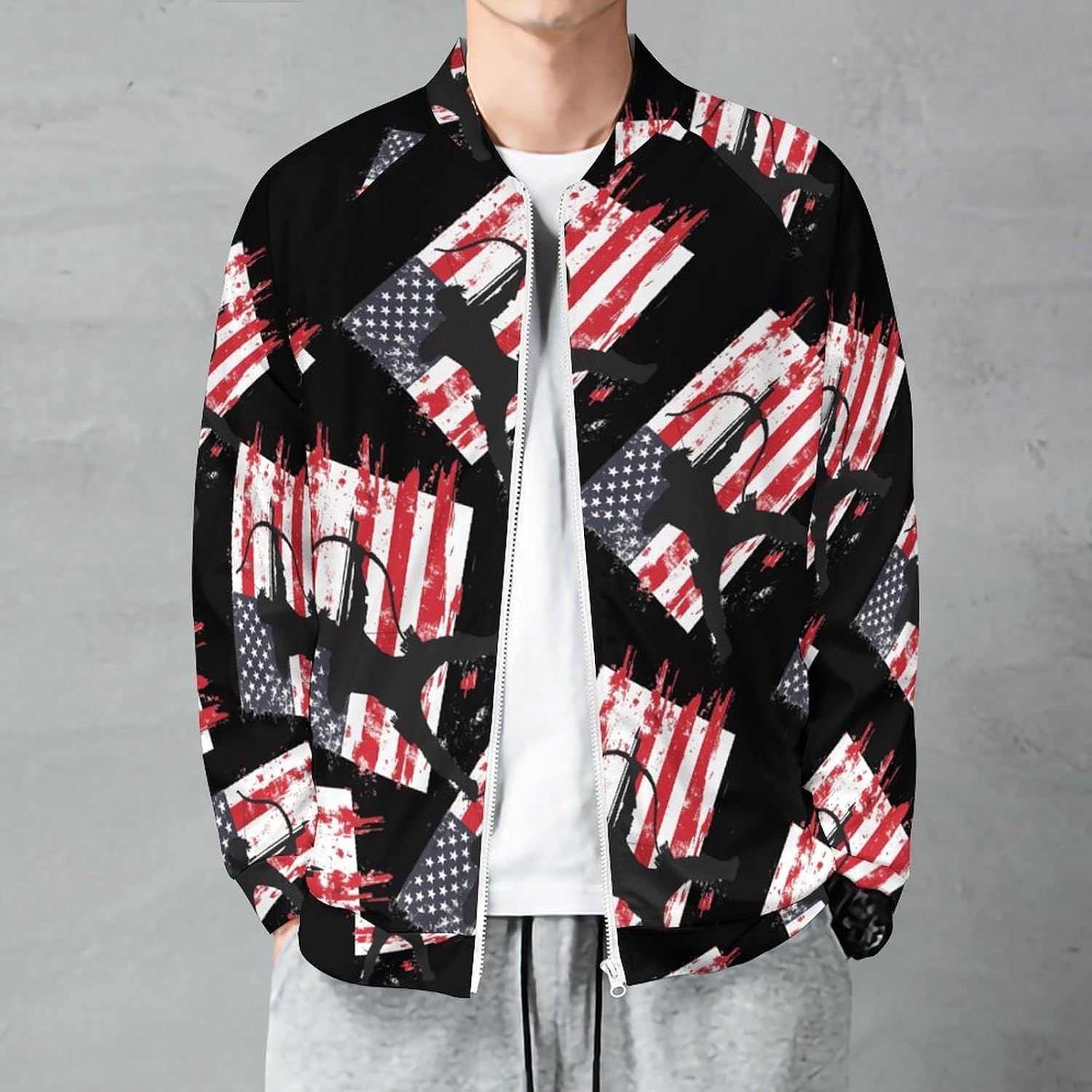 Archery US Flag Men Archer Bowhunting Hunter Men's Zip Up Sweatshirt Casual Sweater Jackets Long Sleeve Tops Lightweight Coat