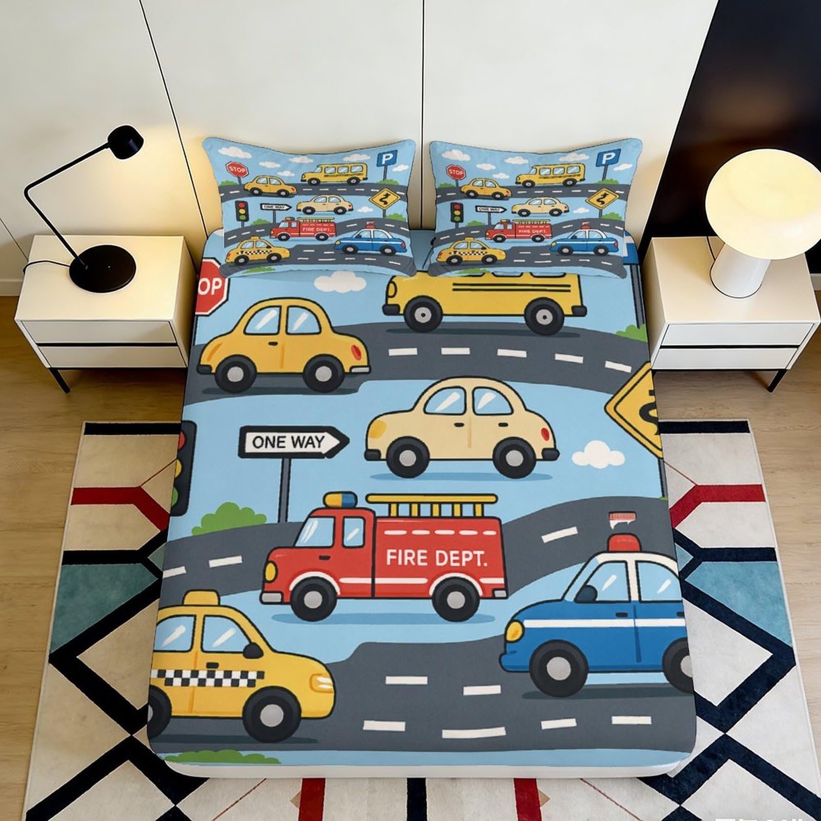 Pnayamiorkfel Style-8 3D Printed Cartoon Traffic Fitted Sheet Microfiber Soft Colorful Car Road Bed Cover For Bedroom Guest Room Decor 90X200x25cm
