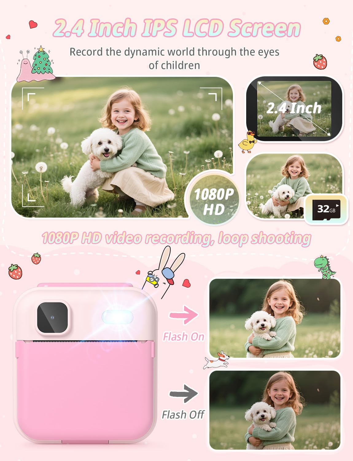 YOHOOLYO Aparat błyskawiczny dla dzieci, 2,4-calowy aparat błyskawiczny dla dzieci z kartą 32 GB i 3 rolkami papieru, cyfrowe zabawki wideo HD 1080P, prezenty urodzinowe w
