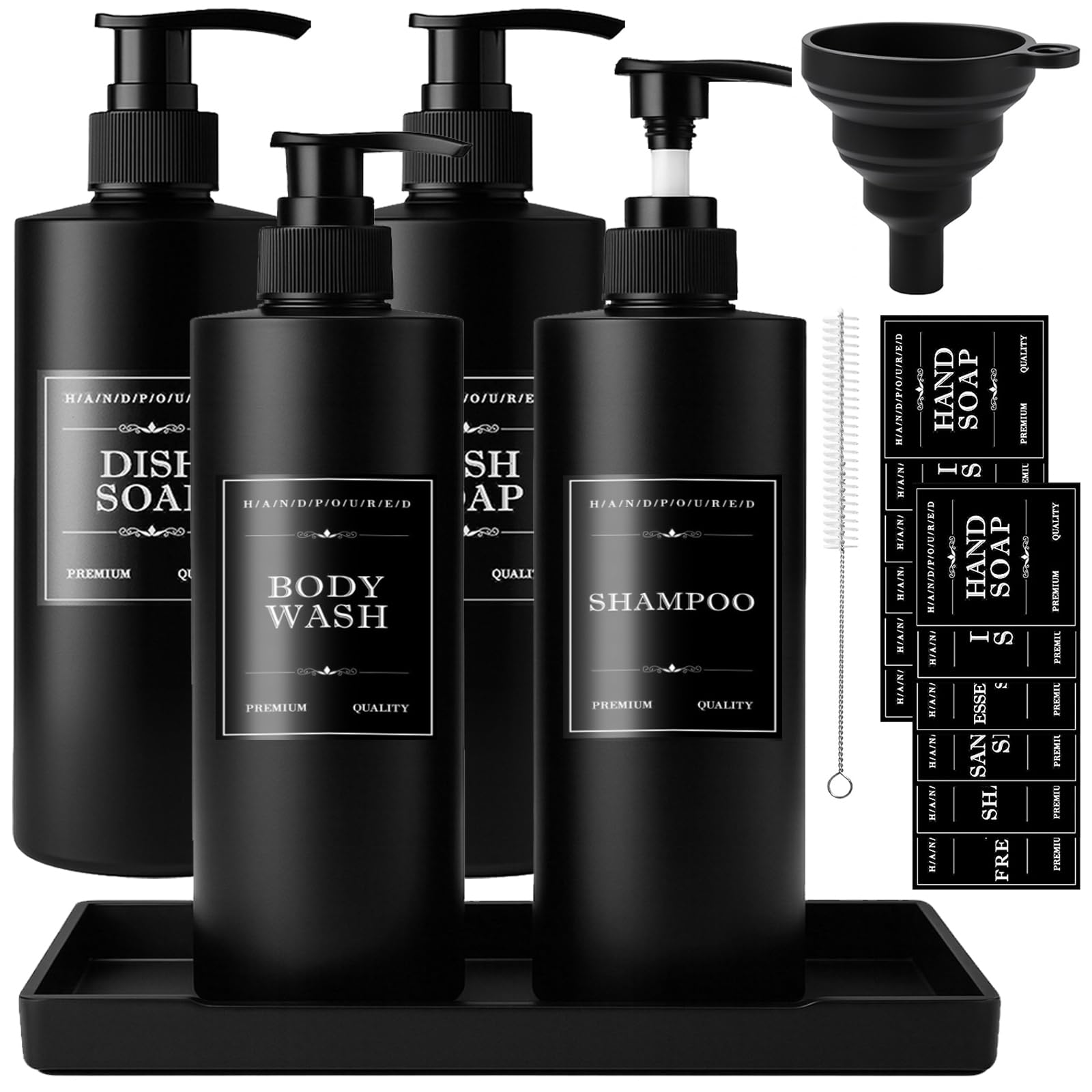 Maxumille Black 4Pcs 500Ml Soap Dispenser With Tray, Empty Bathroom Bottles