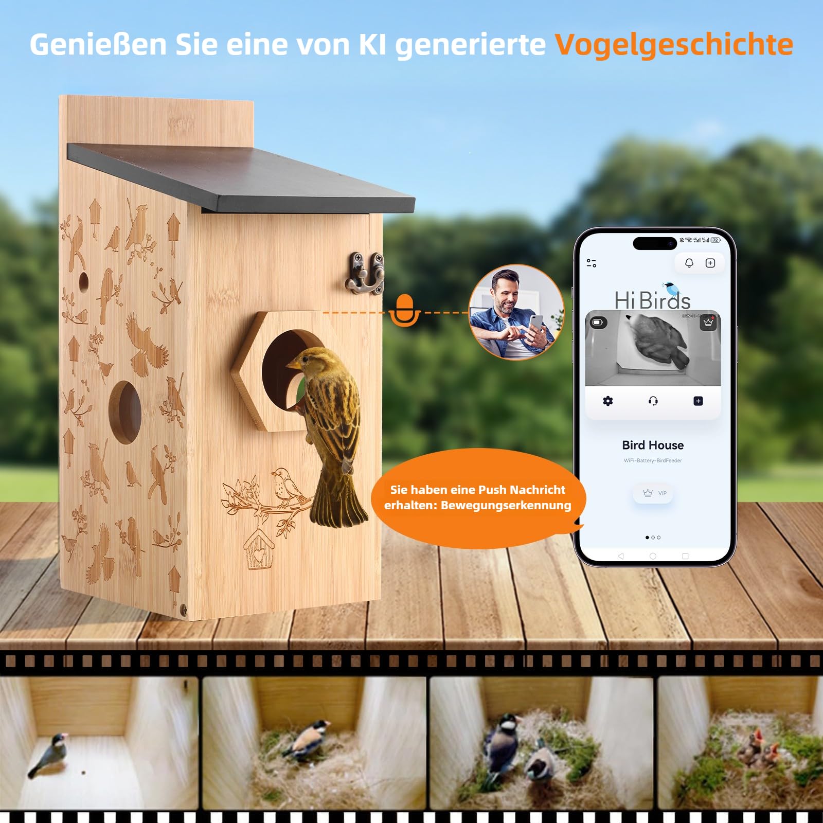 Nistkasten mit 5MP Kamera Solar, Vogelhaus Wetterfest zum Aufhängen, 2,4G WiFi & App Benachrichtigung, Video/Fotoaufnahme & Bewegungserkennung, Beobachten Sie das Nisten und Schlüpfen, Nachtsicht,A