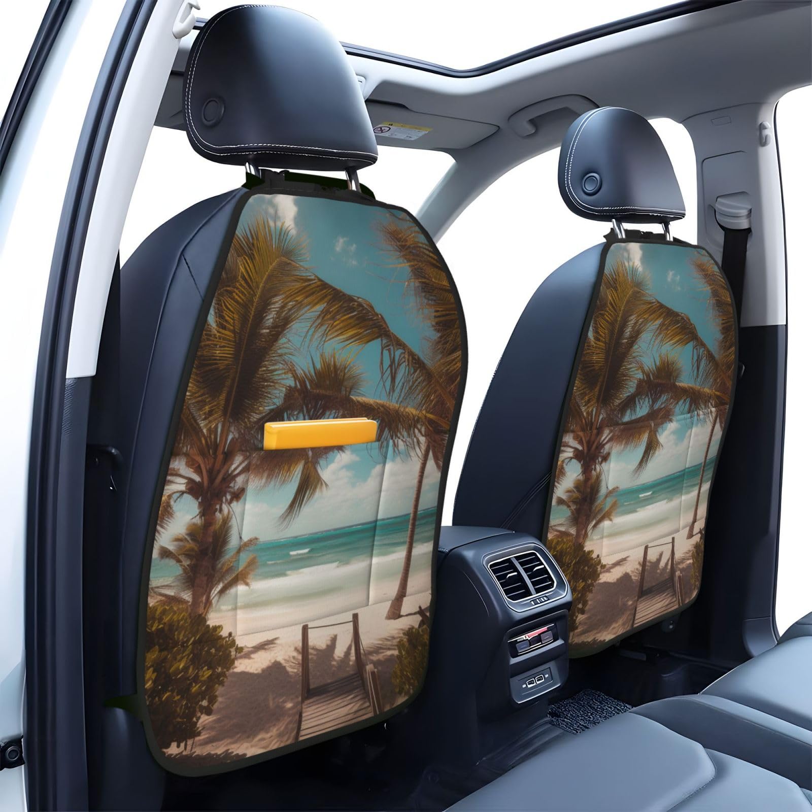 JTNWEC Beach Palm Trees Print Car Seat Kick Mats with Organisers 2 Pack Backseat Protector Seat Covers for Your Car, SUV, or Truck