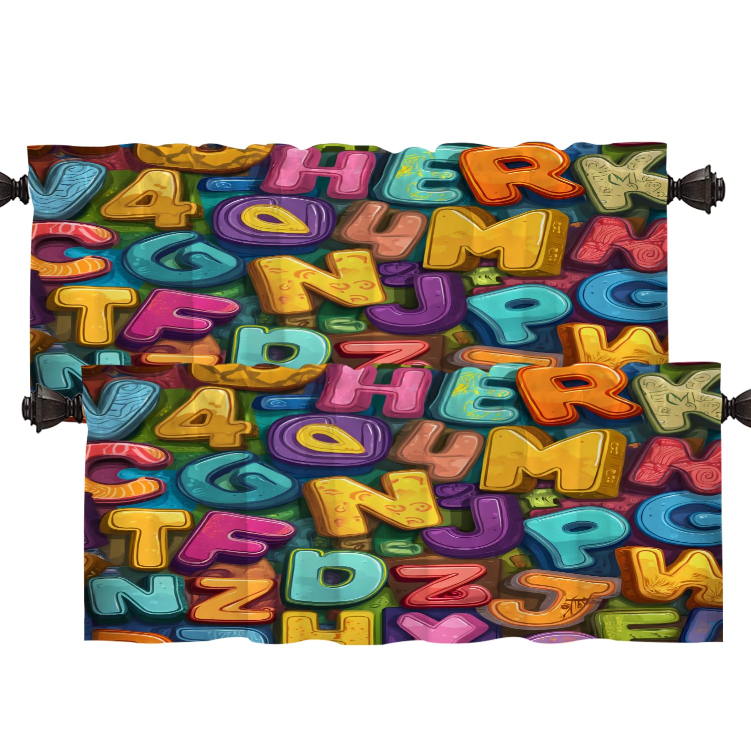 Batmerry Colorful Alphabet Kids Learning Aid Kitchen Curtains, Fun Typography Letter Art Window Treatments Blackout Valance Curtain for Living Room/Bathroom, 2 Pack 52X18 Inches