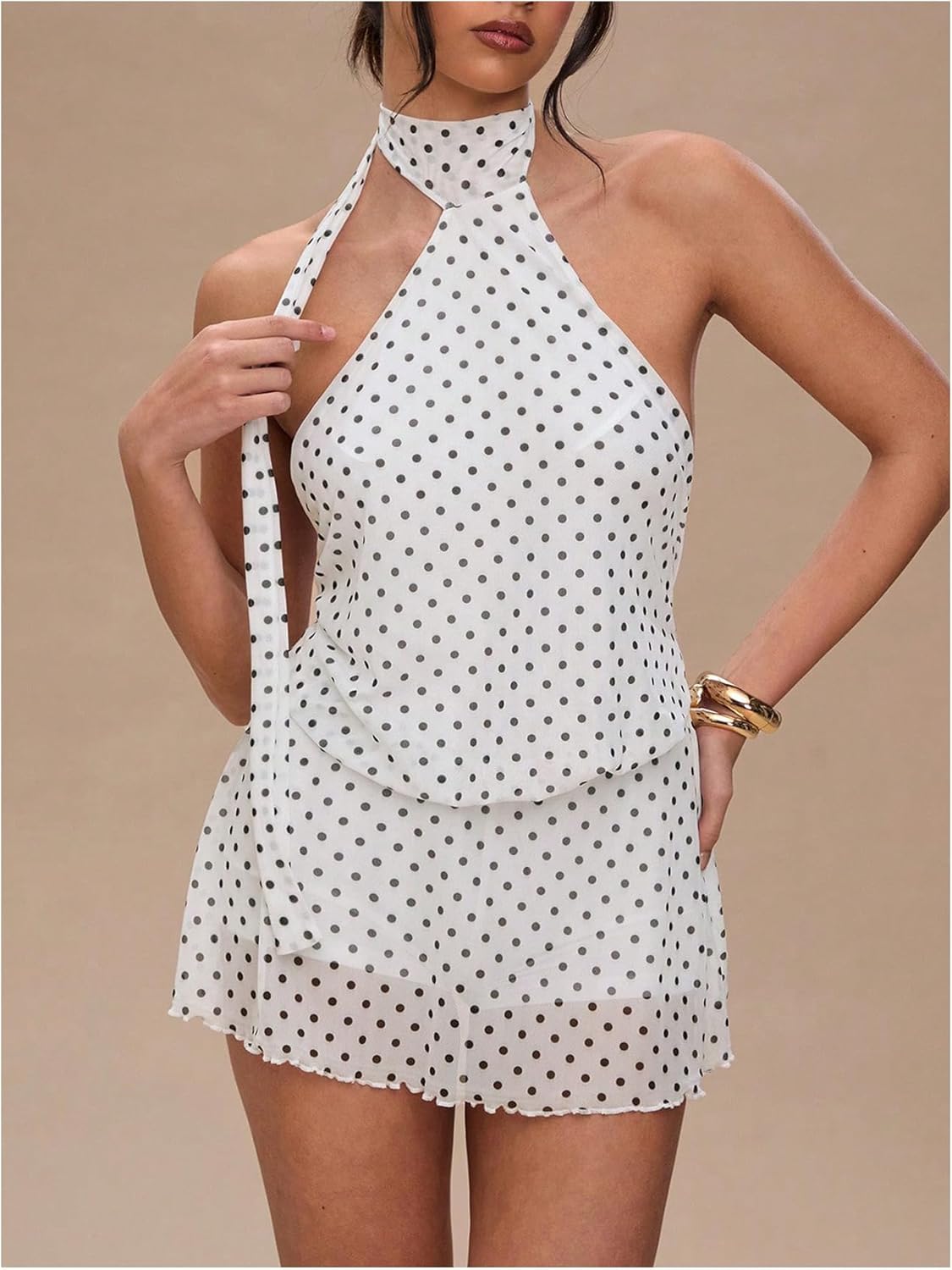 SOLY HUX Women's Polka Dots Mini Dress Backless Sleeveless Halter A Line Party Summer Dresses - Image 3