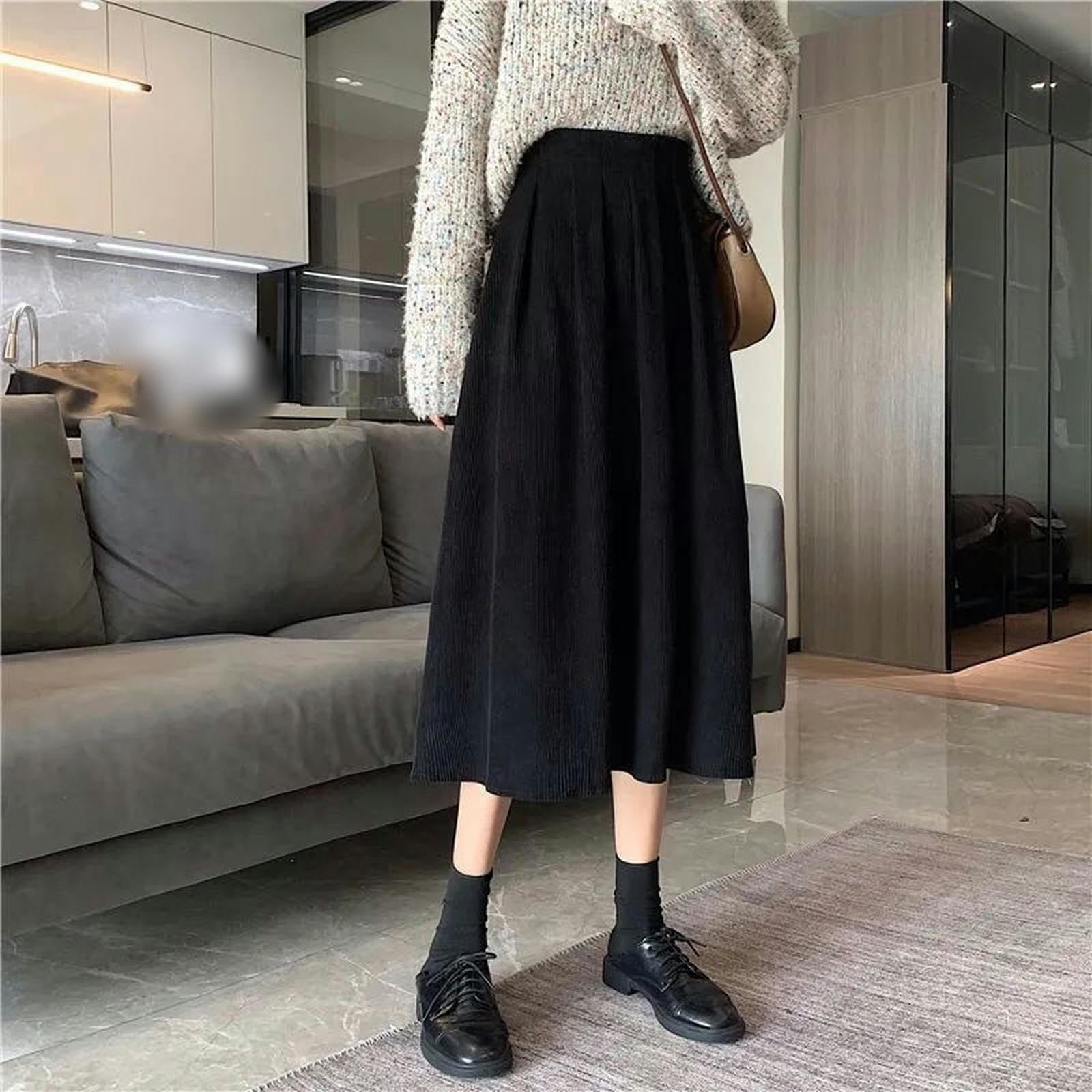Rock Cordrock Frühling Herbst Winter Petite Mode Rock Frauen Hohe Taille A-line-Rock-schwarz-l