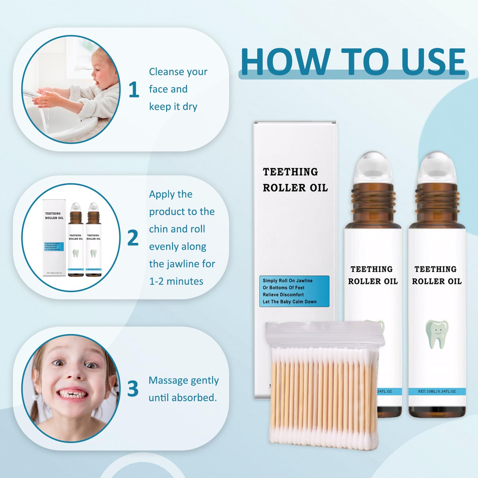 Teething Roller Natural Pain Relief Baby,2 Pieces Teething Roller Oil,Teething Roller Teething Roller Natural Pain Relief for Relieving Dental Discomfort with Cotton Swabs (100 Pcs) - Image 4