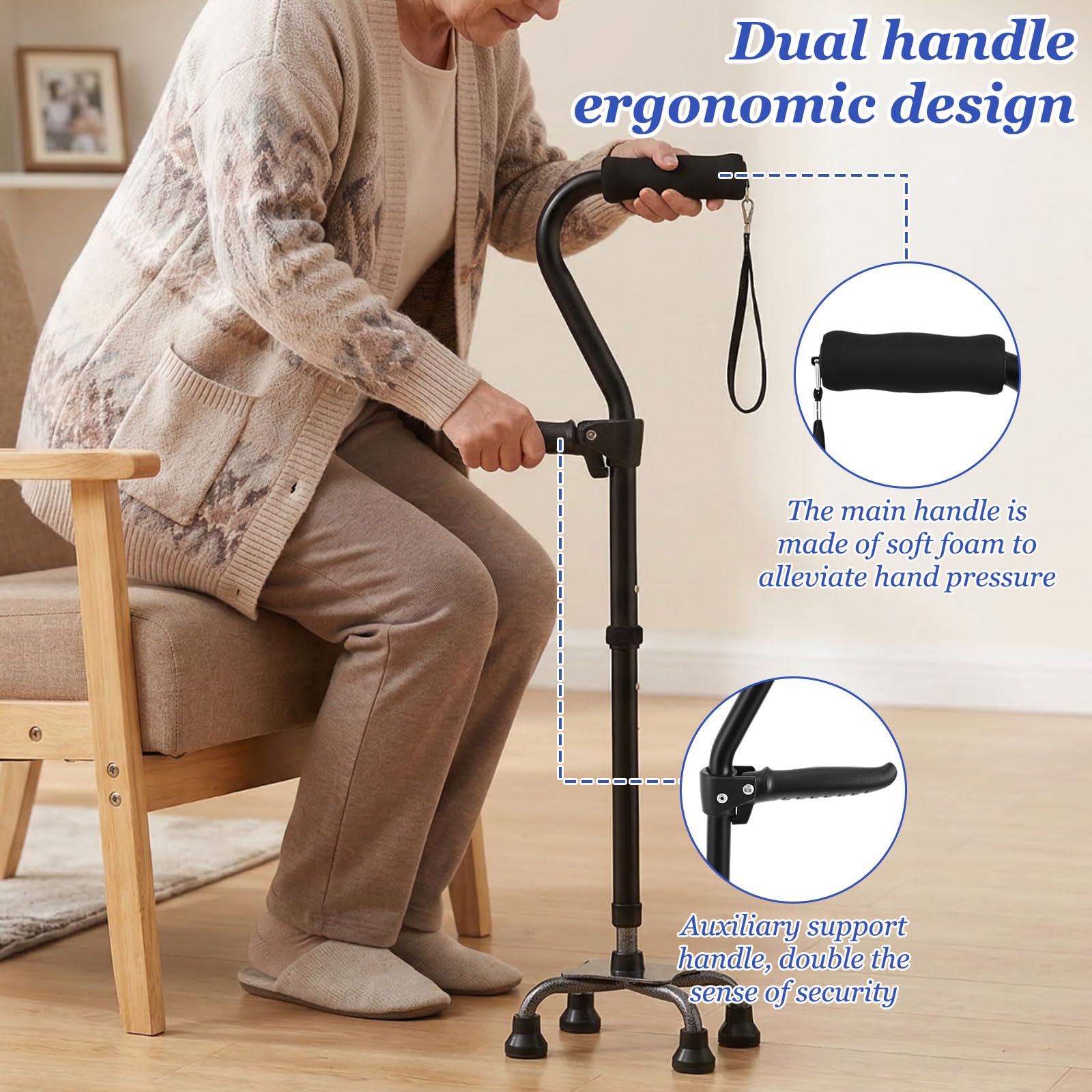 Bastón con 4 patas plegable ajustable negro aluminio | Andador de doble asa para personas mayores, soporta hasta 150 kg, base ergonómica y antideslizante, altura ajustable 76-94 cm