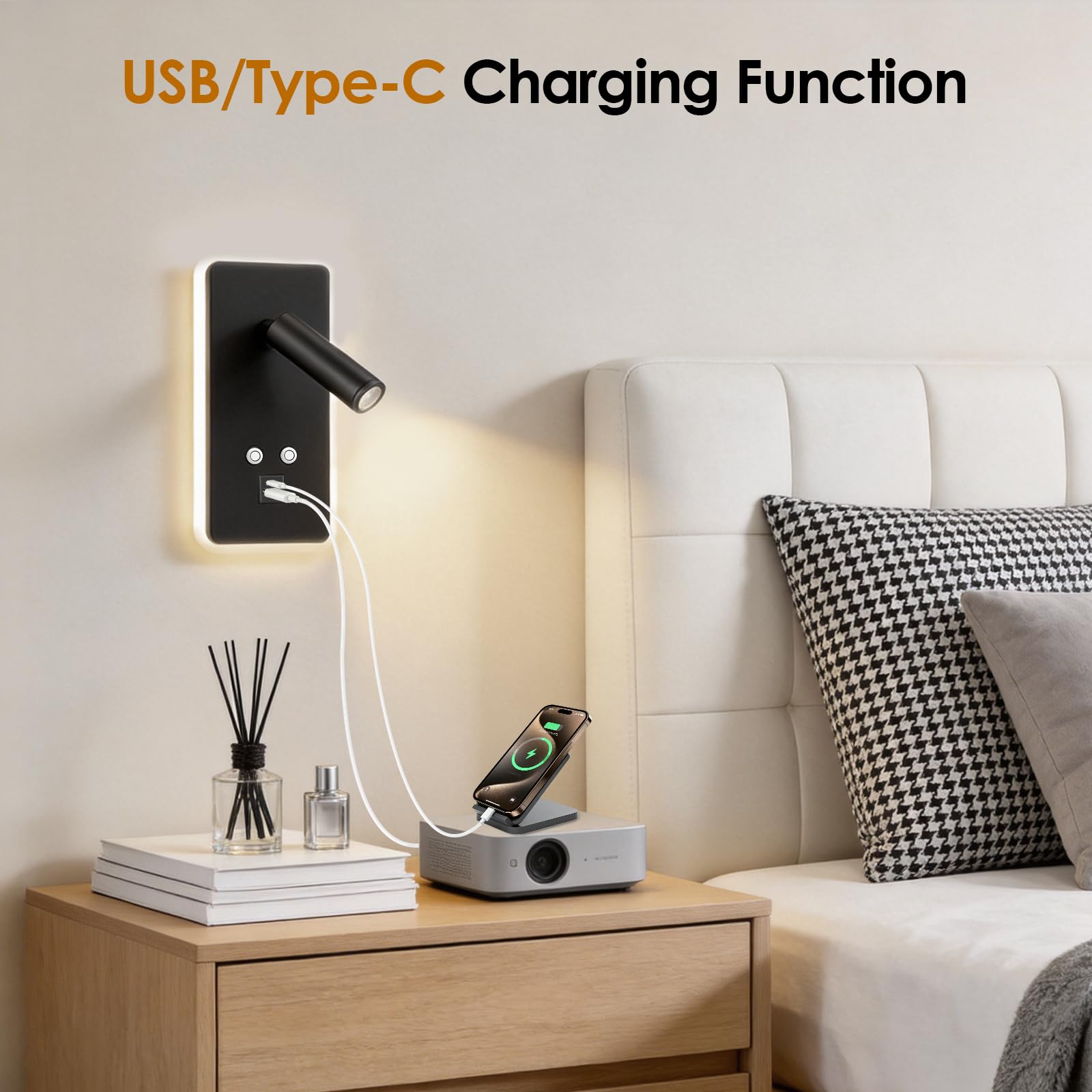 2pcs LED Wandleseleuchte, Stufenlos Dimmbare Leselampe Nachttischlampe, Wandleuchte Leselicht mit USB- und Typ-C-Ladeanschluss und Schalter für Schlafzimmer, Hotel, Flur (Warmes Licht 3W+9W)(Schwarz)