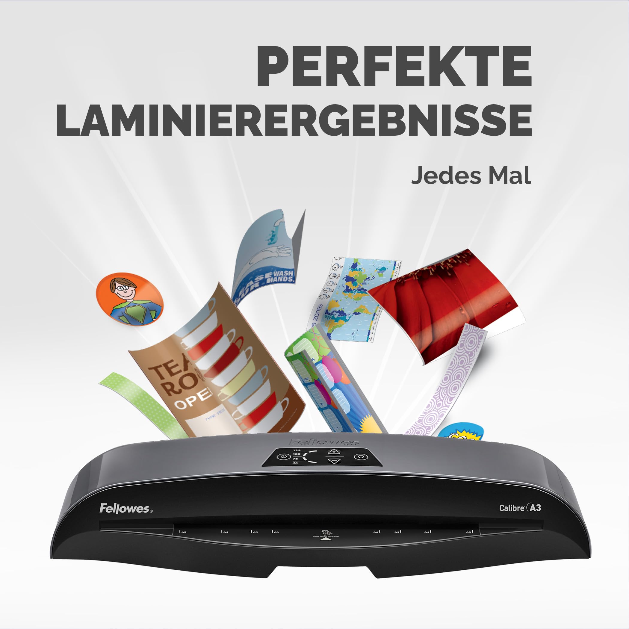 Fellowes Laminiergerät Calibre A3 für 80-125 Micron Folien, nur 60 Sek. Aufwärmzeit, staufreies Laminieren, für Büro und Home Office, inkl. 10 gratis A4 Folien