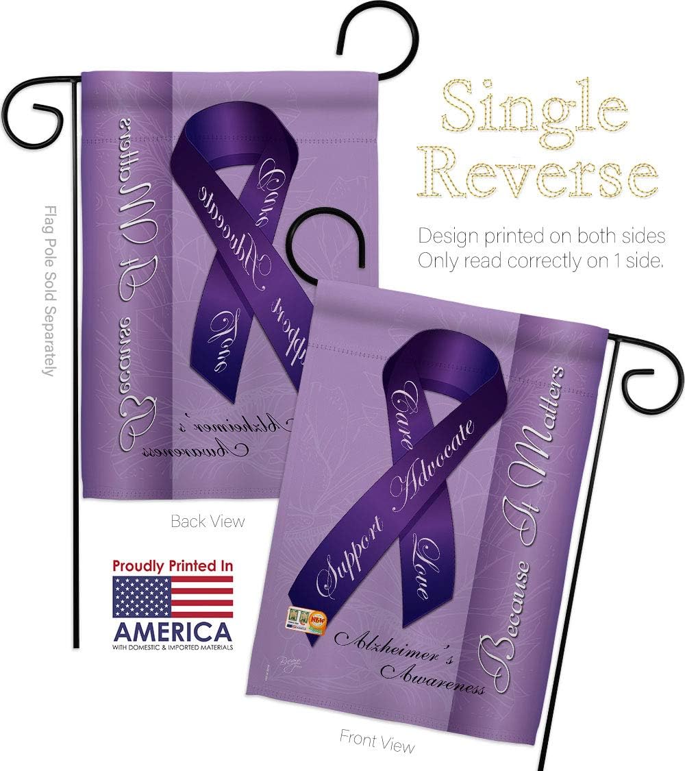 Alzheimers Garden Flag Set Wall Holder Support Awareness Inspirational Survivor Ribbon Prevention Cancer Autism Breast BLM Small Decorative Gift Yard House Banner Made In USA 13 X 18.5