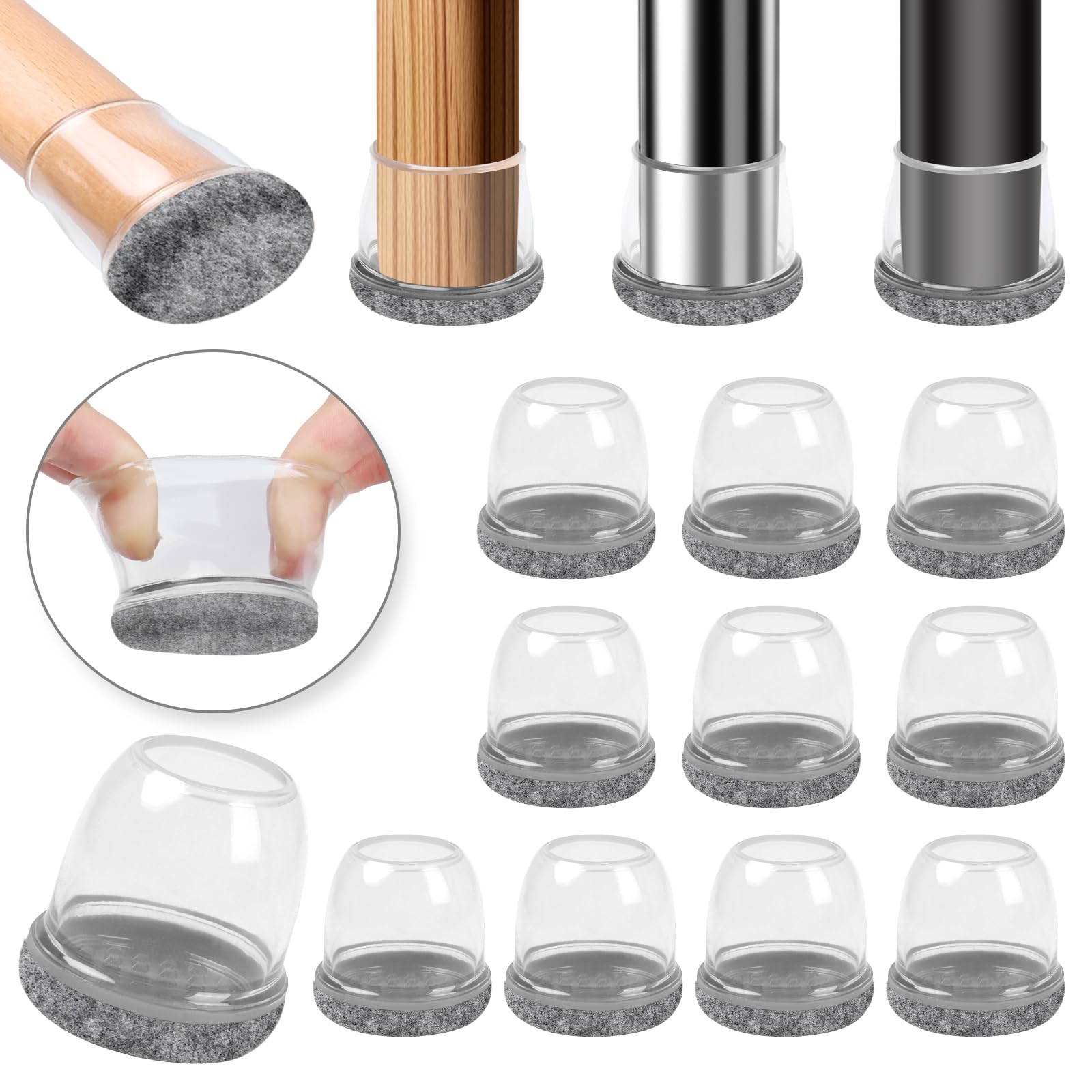 Ezprotekt Protectores de Suelo de Silicona Gris para Patas de Silla 20-28mm, 16 Tapones de Silicona para Patas de Silla con Fieltro Envuelto, Fundas de Silicona para Patas de Silla Redondo