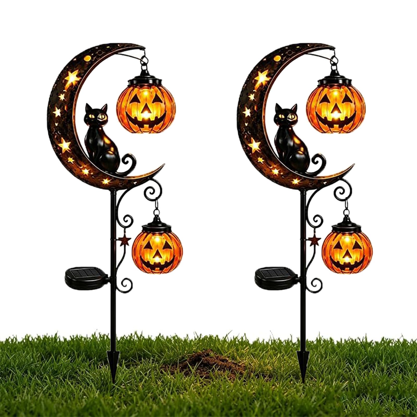 Pealeaf Solar Halloween Garden Lights, Black Cat Pumpkin Moon Solar Stake Light, Outdoor Pumpkin Lamp for Yard Porch Patio Lawn Pathway Halloween Decorations (2PCS,#C)
